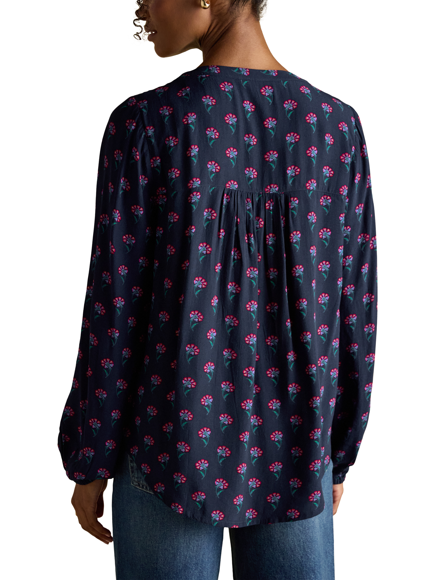 Product image 2 of 8, which shows Joules Floral Popover Blouse, Navy, 6