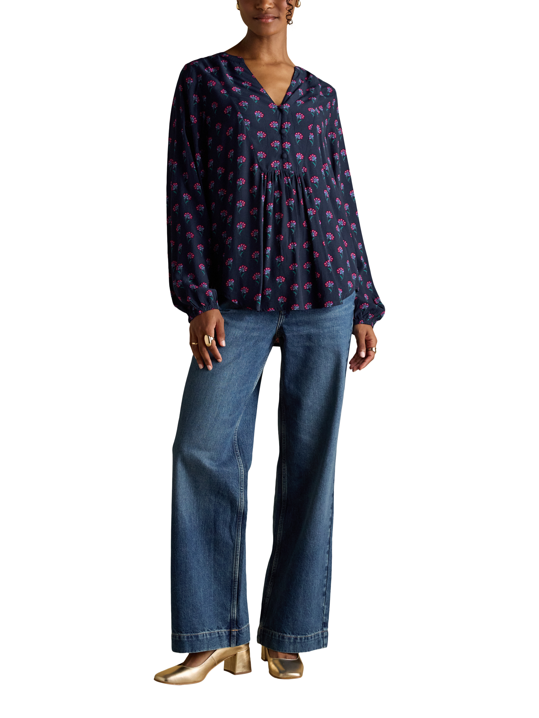 Product image 5 of 8, which shows Joules Floral Popover Blouse, Navy, 6