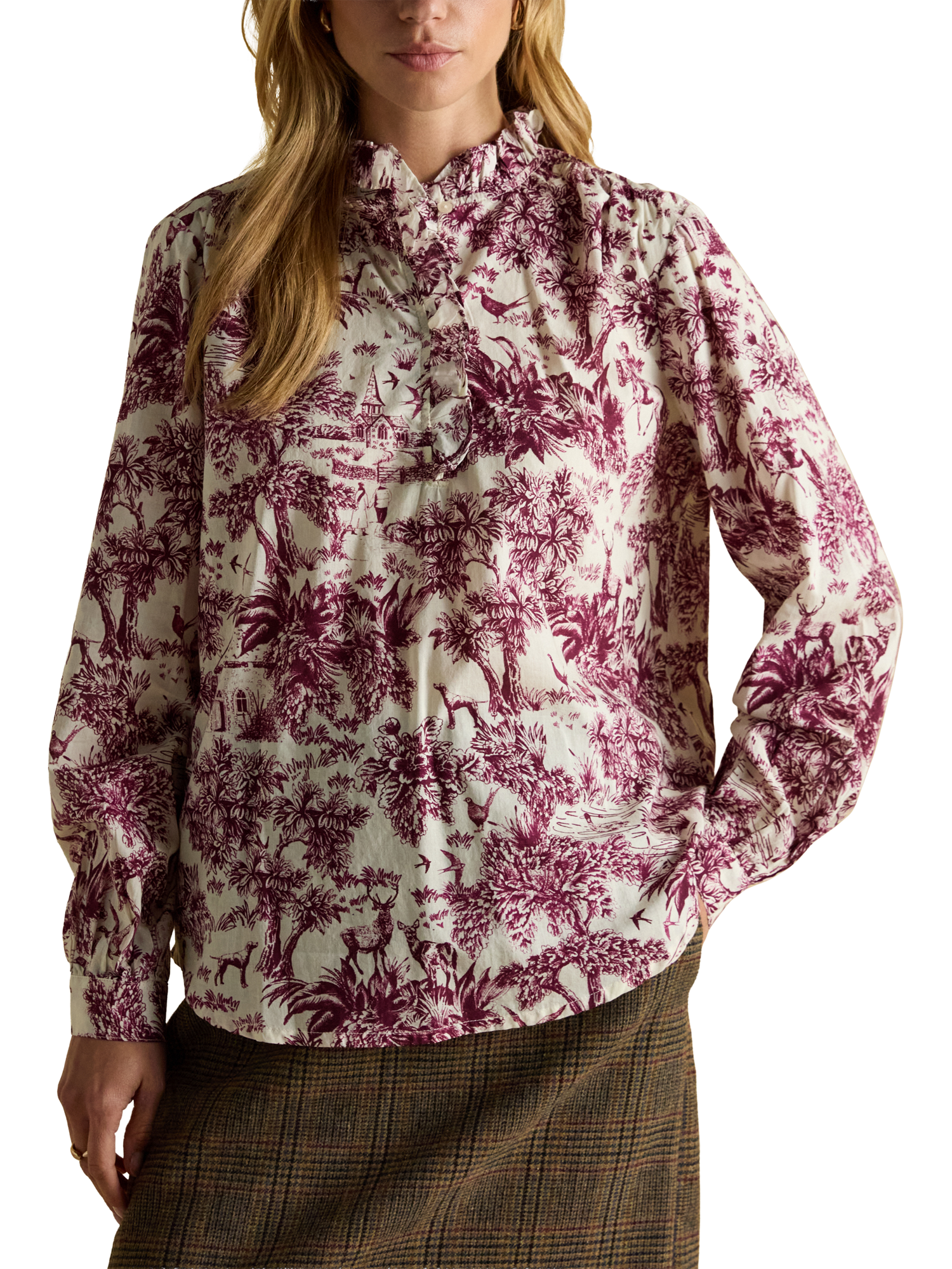 Product image 1 of 7, which shows Joules High Neck Printed Cotton Blouse, Red/Multi, 6
