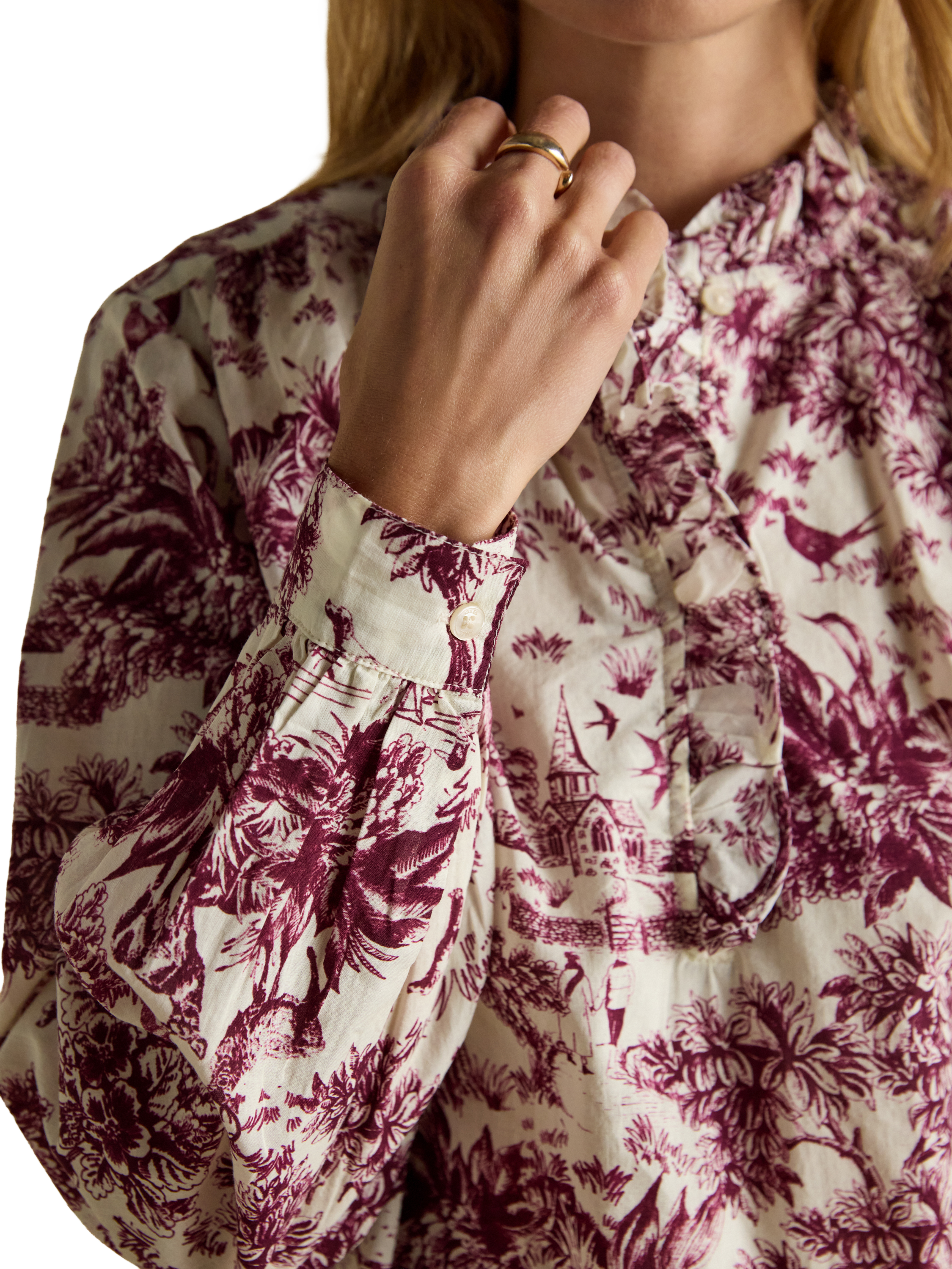 Product image 2 of 7, which shows Joules High Neck Printed Cotton Blouse, Red/Multi, 6