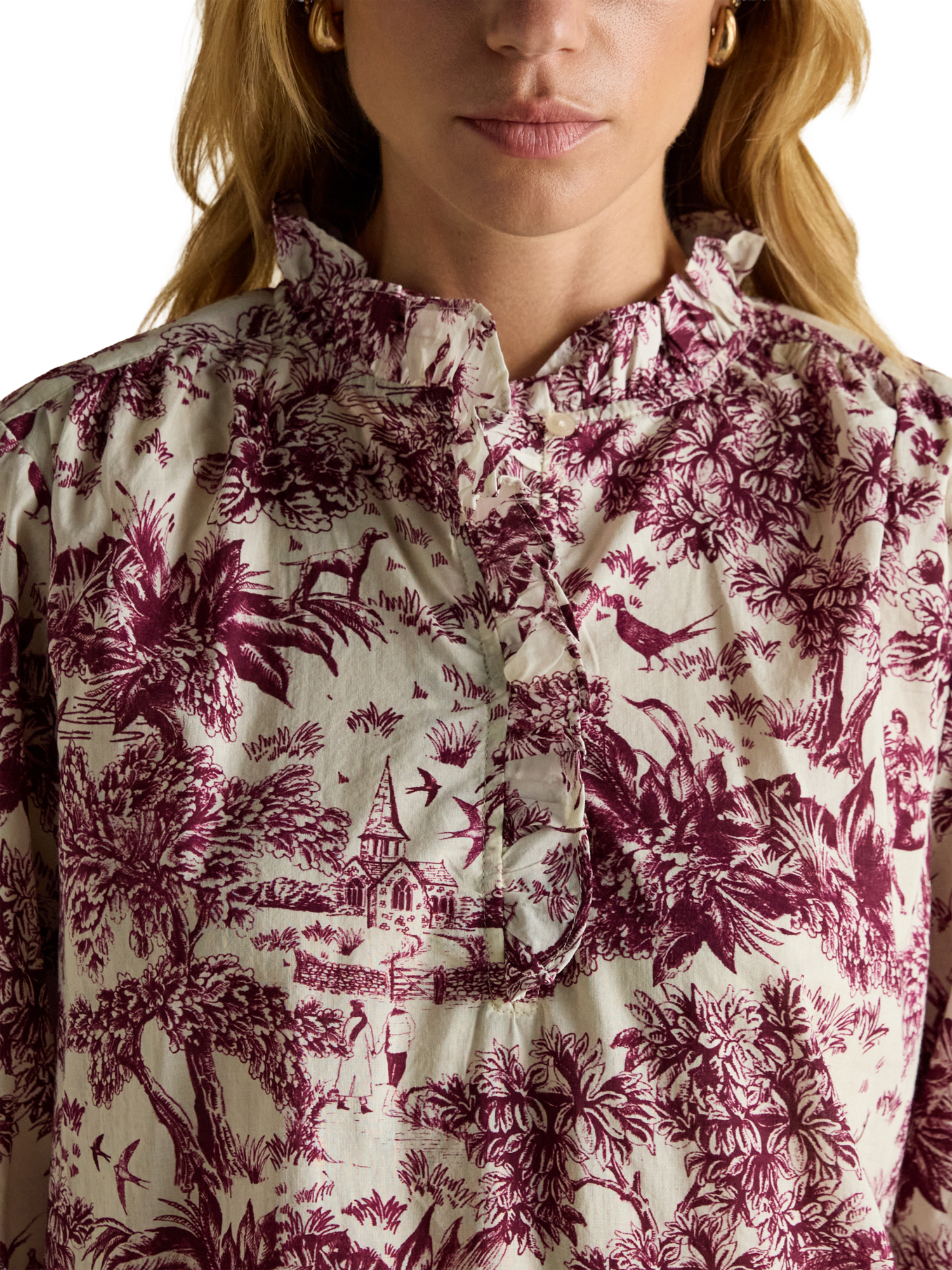 Product image 3 of 7, which shows Joules High Neck Printed Cotton Blouse, Red/Multi, 6