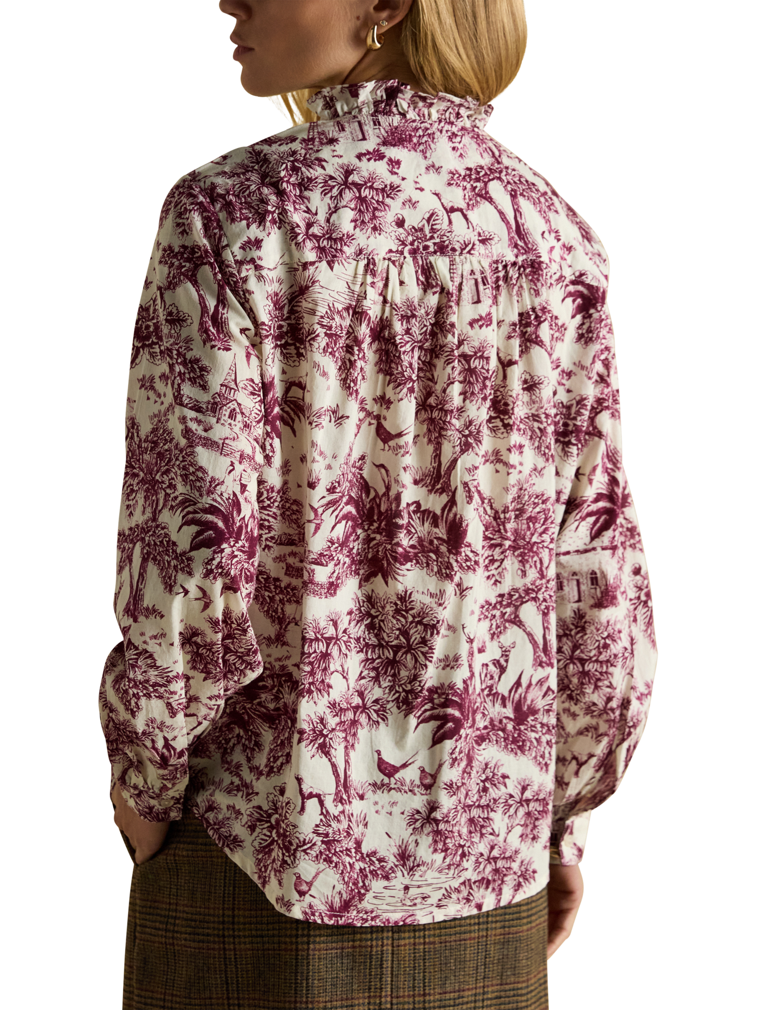 Product image 5 of 7, which shows Joules High Neck Printed Cotton Blouse, Red/Multi, 6