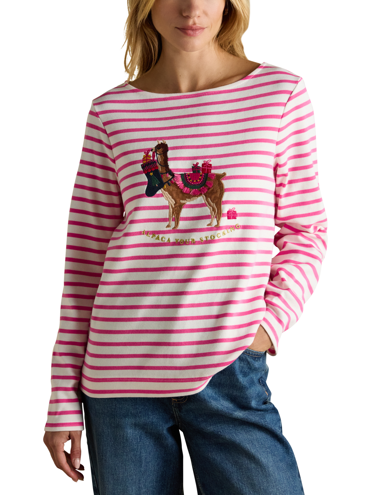 Product image 1 of 7, which shows Joules Breton Christmas Alpaca Top, Pink, 6