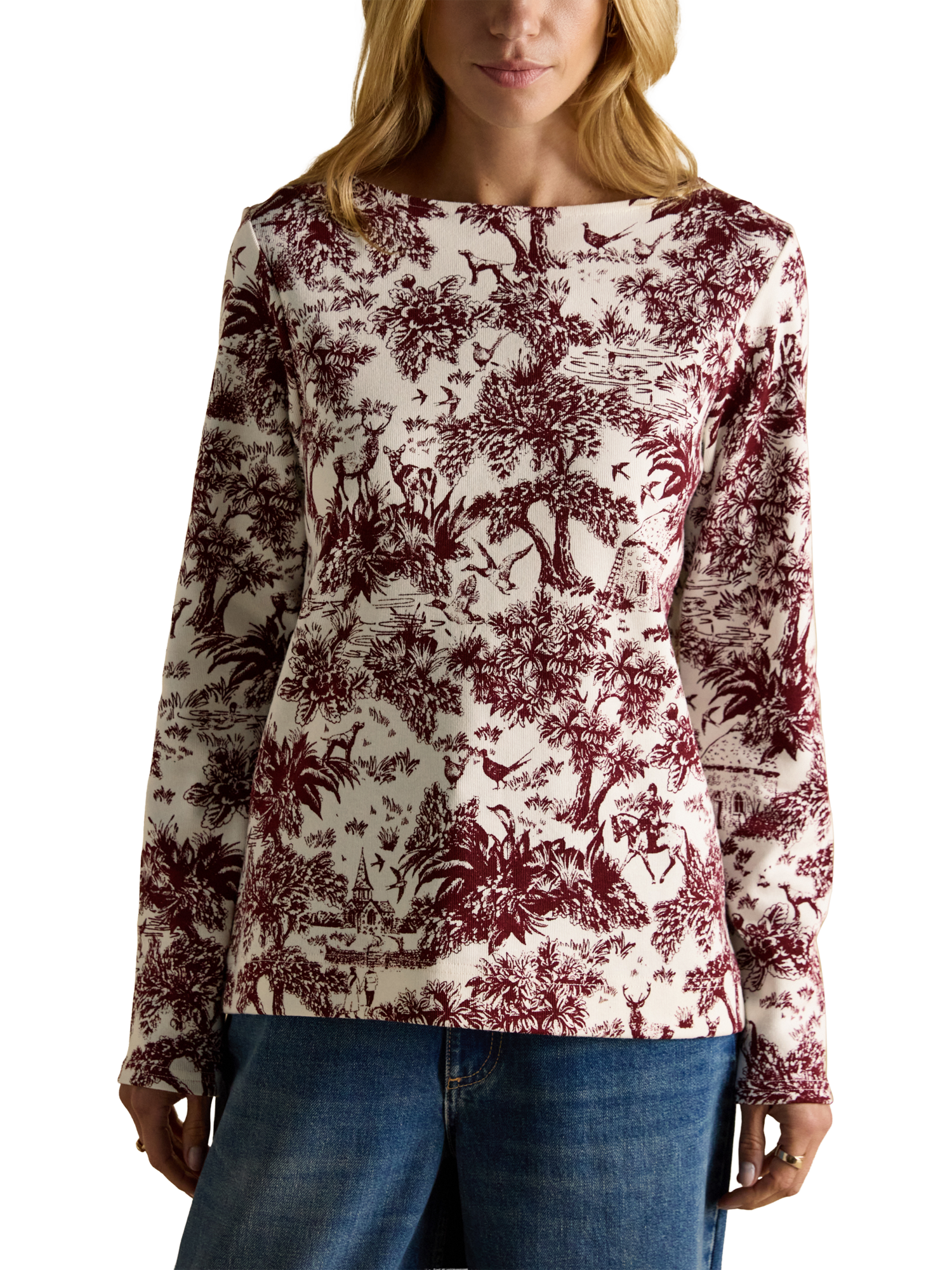 Product image 1 of 8, which shows Joules Boat Neck Long Sleeve Printed Cotton Top, Red/Multi, 6
