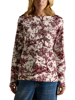 Joules Boat Neck Long Sleeve Printed Cotton Top, Red/Multi