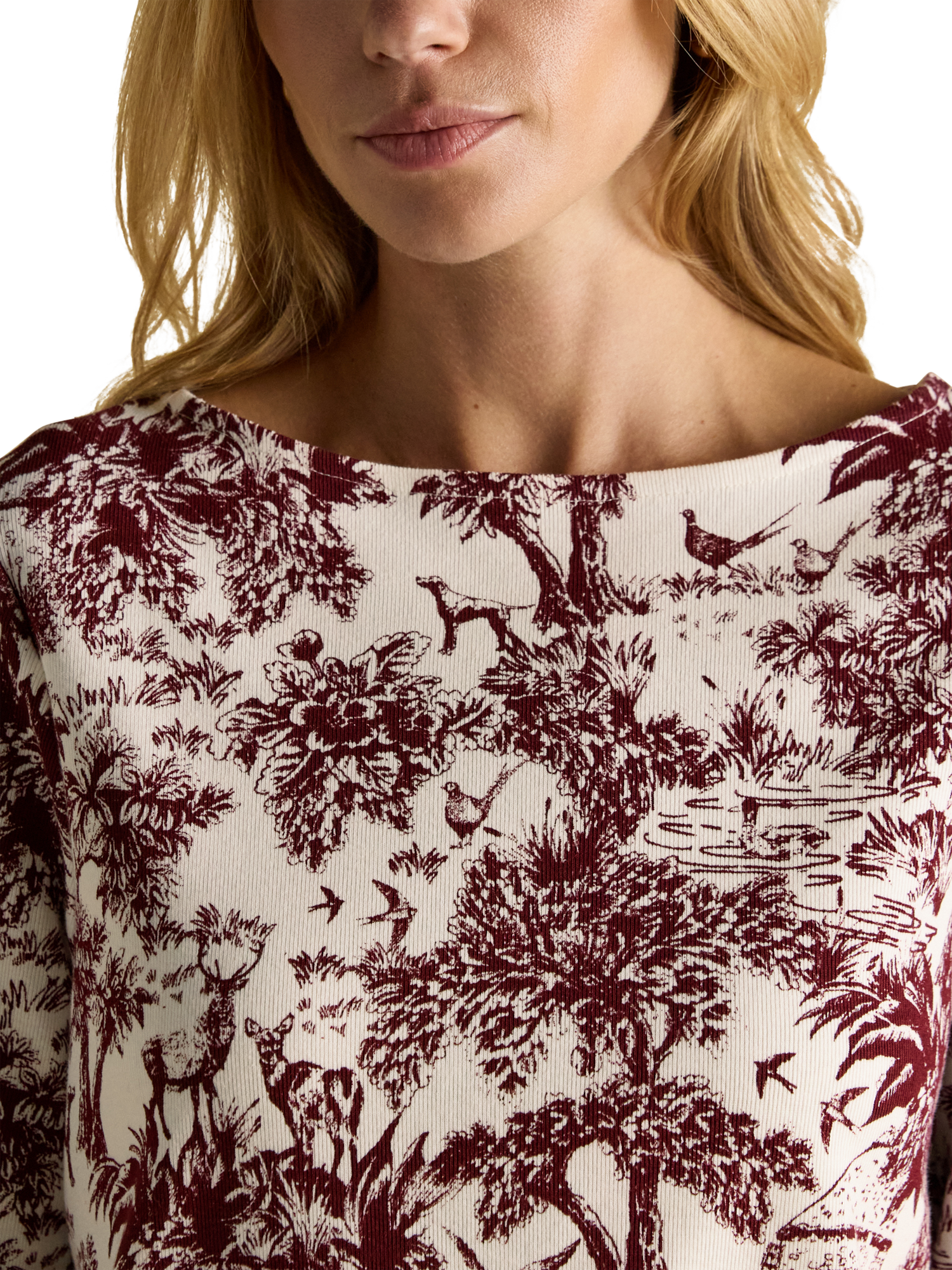 Product image 2 of 8, which shows Joules Boat Neck Long Sleeve Printed Cotton Top, Red/Multi, 6