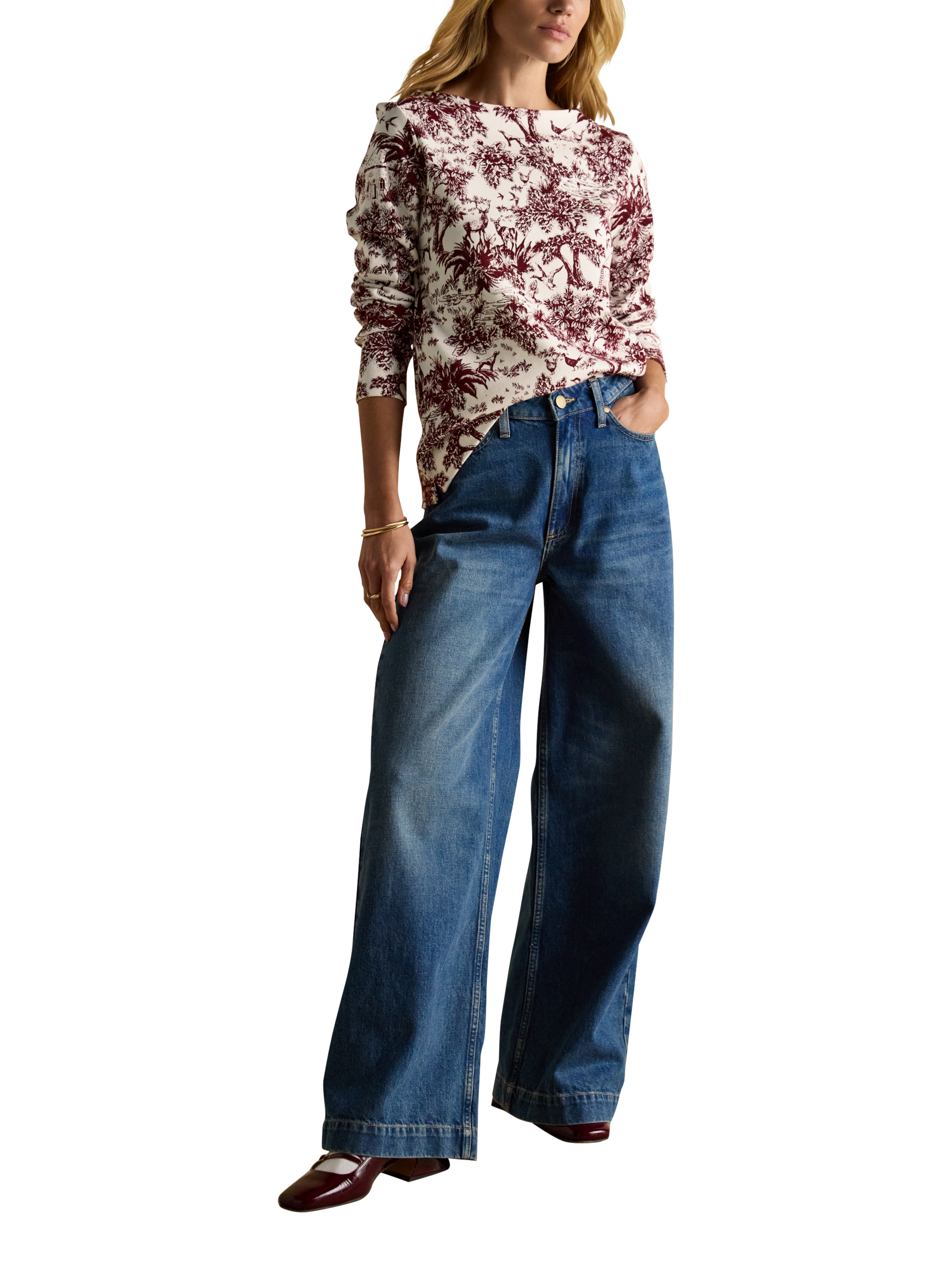 Product image 4 of 8, which shows Joules Boat Neck Long Sleeve Printed Cotton Top, Red/Multi, 6