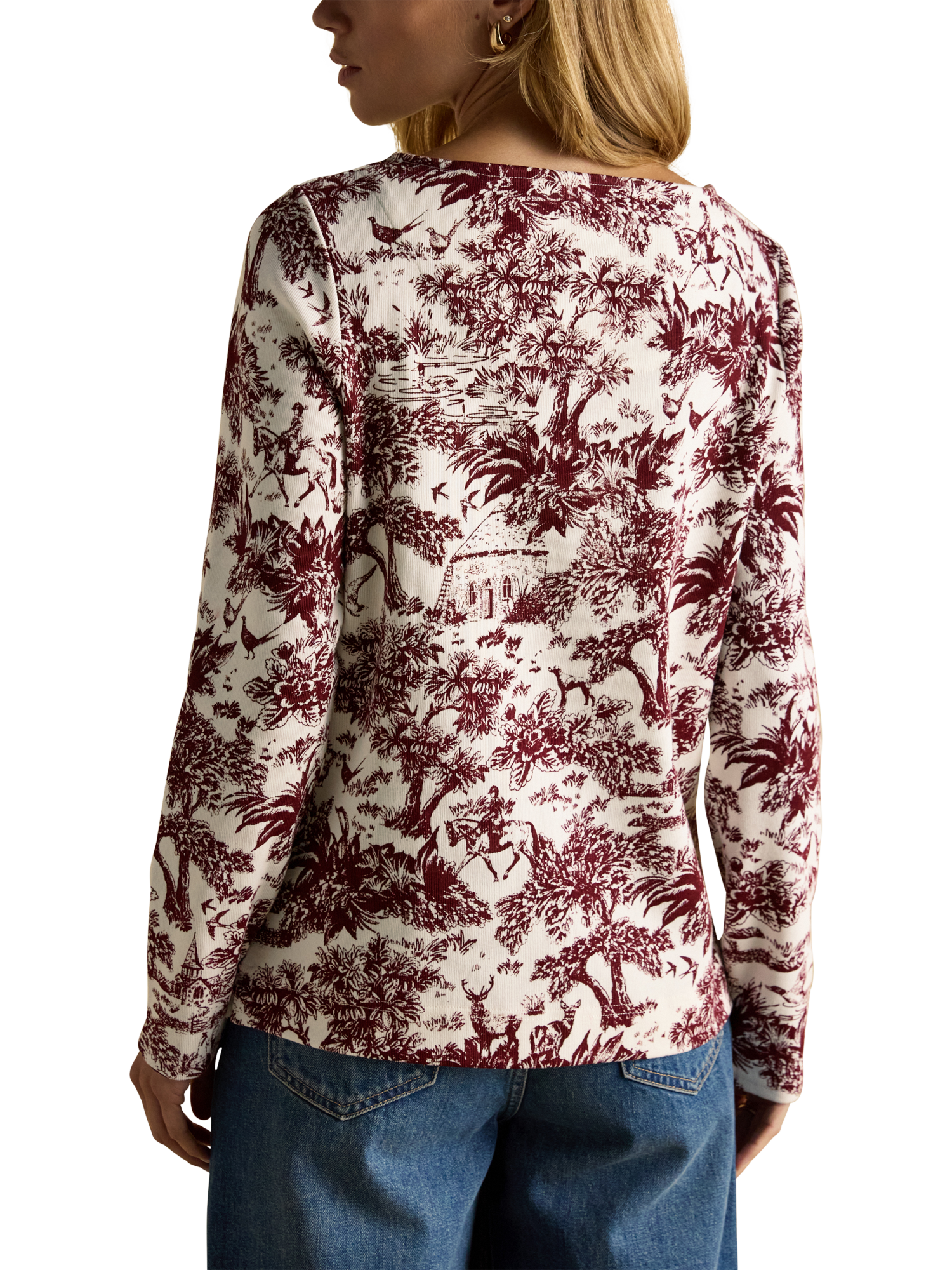 Product image 5 of 8, which shows Joules Boat Neck Long Sleeve Printed Cotton Top, Red/Multi, 6