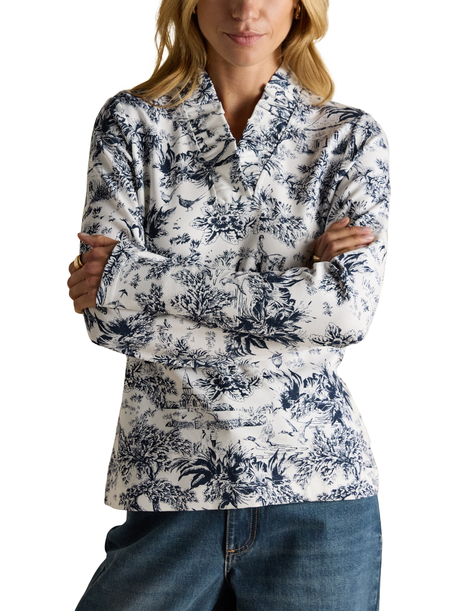 Product image 1 of 8, which shows Joules Frill Neck Toile Print Top, Navy, 6