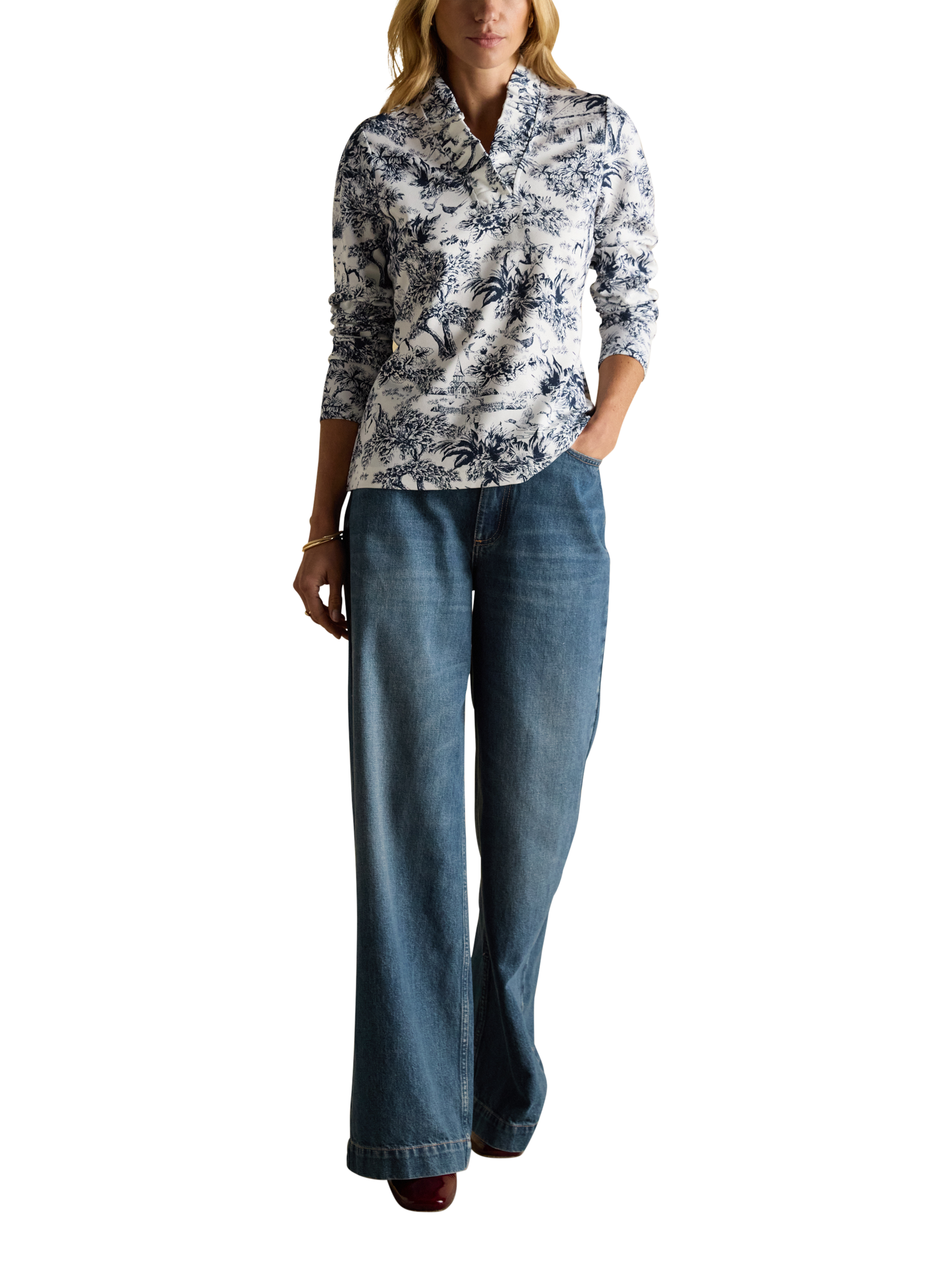 Product image 3 of 8, which shows Joules Frill Neck Toile Print Top, Navy, 6