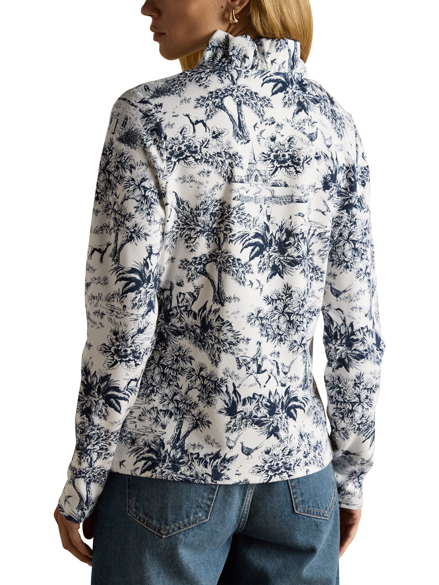 Product image 5 of 8, which shows Joules Frill Neck Toile Print Top, Navy, 6