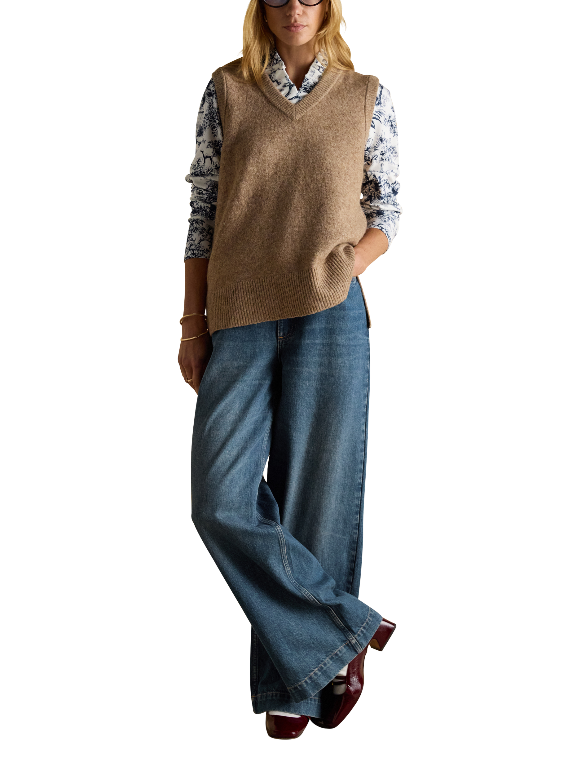 Product image 6 of 8, which shows Joules Frill Neck Toile Print Top, Navy, 6