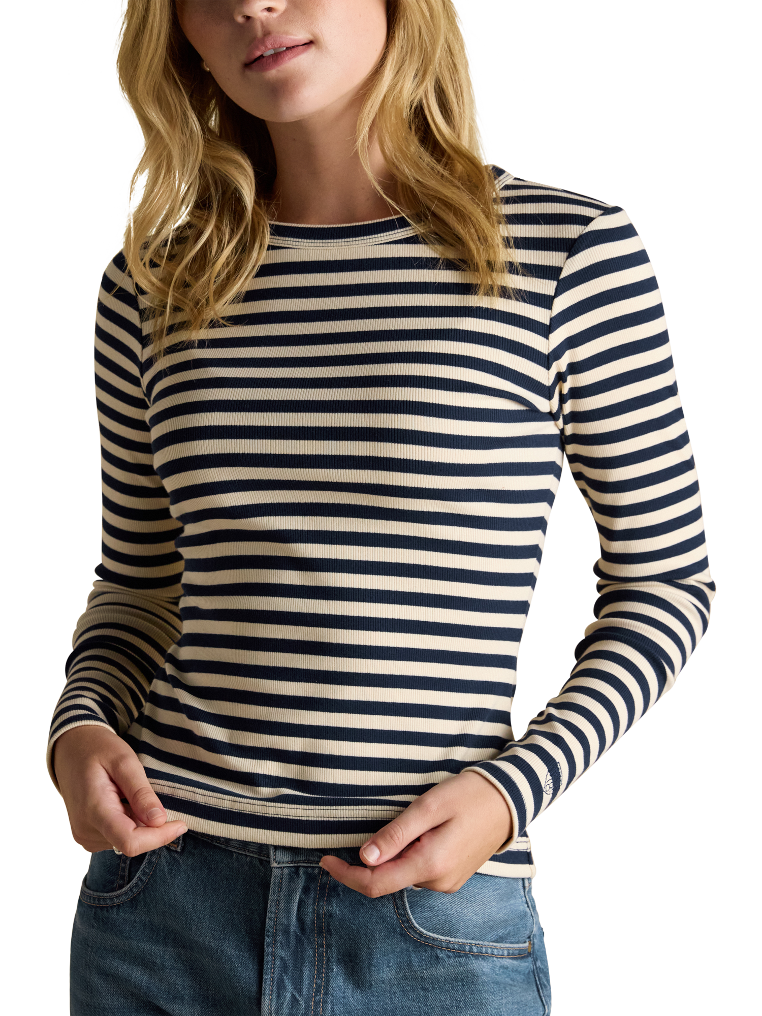 Product image 1 of 8, which shows Joules Stripe Long Sleeve Cotton T-Shirt, Navy/Multi, 6