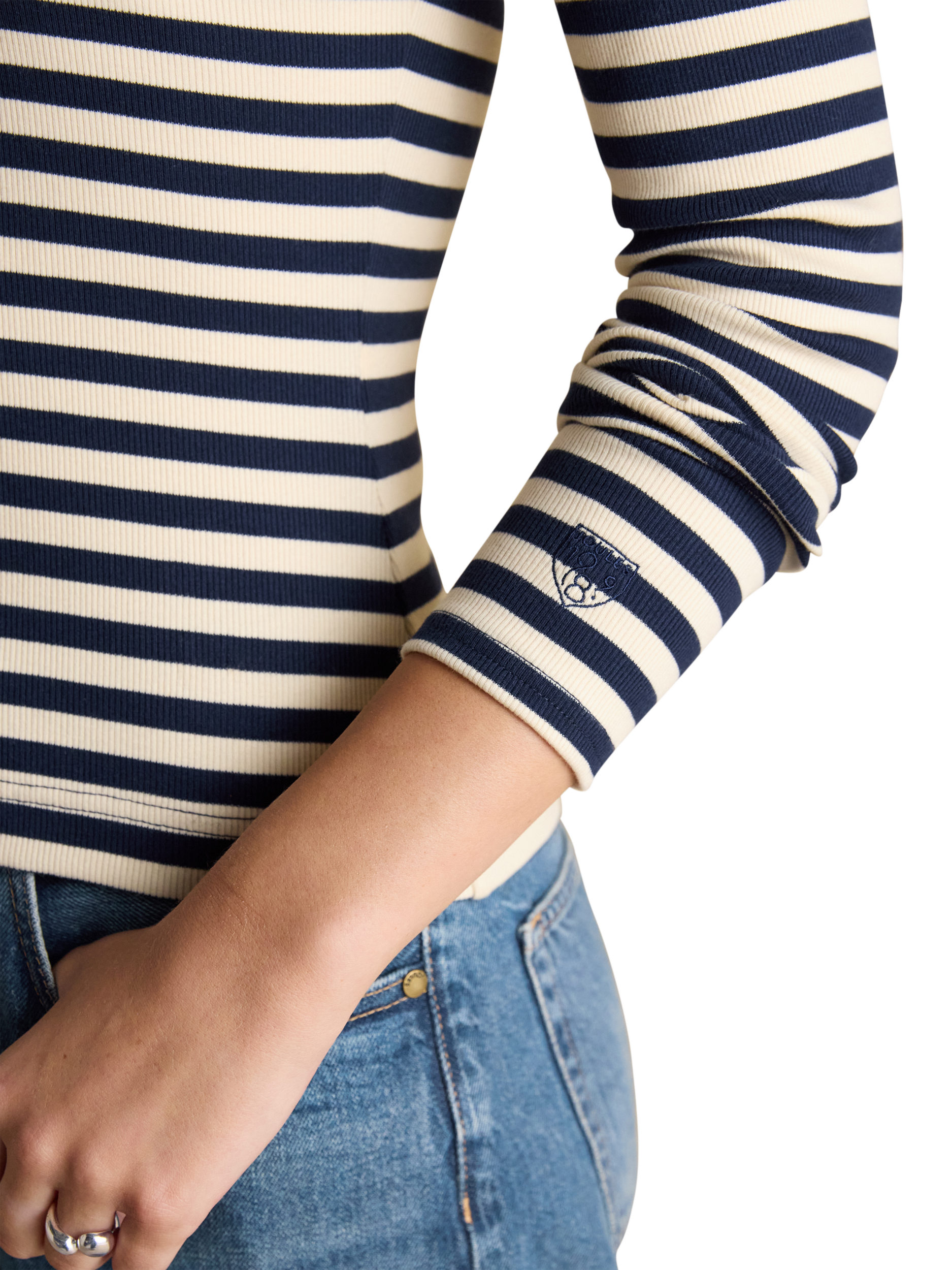 Product image 3 of 8, which shows Joules Stripe Long Sleeve Cotton T-Shirt, Navy/Multi, 6
