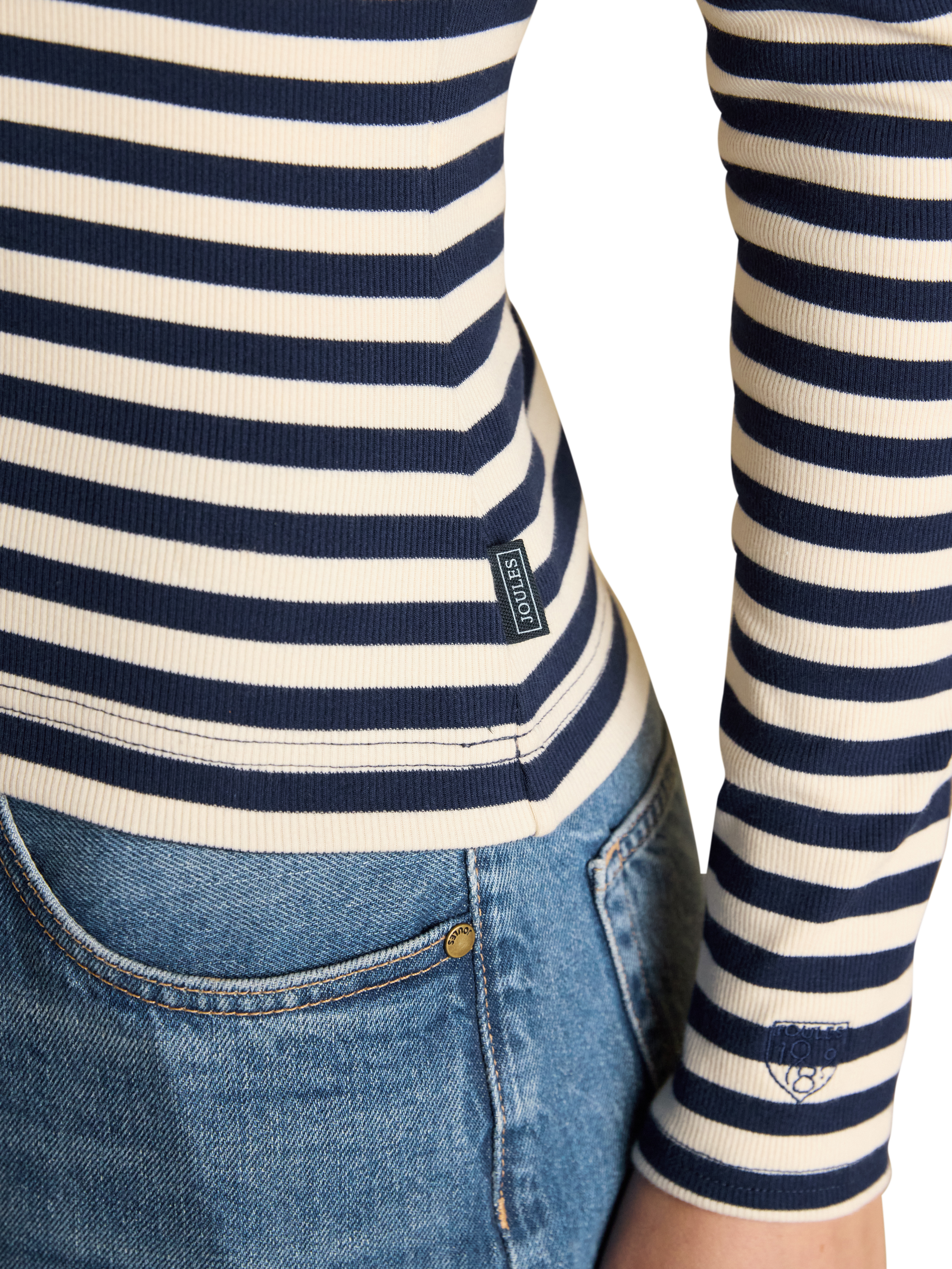 Product image 4 of 8, which shows Joules Stripe Long Sleeve Cotton T-Shirt, Navy/Multi, 6