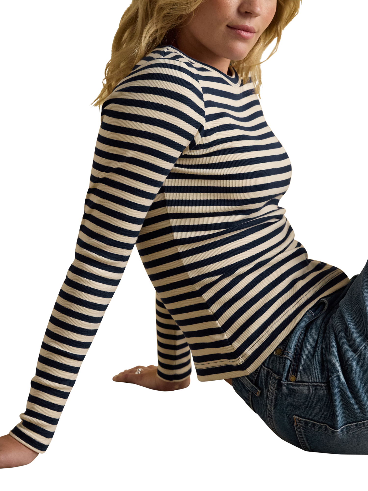 Product image 5 of 8, which shows Joules Stripe Long Sleeve Cotton T-Shirt, Navy/Multi, 6
