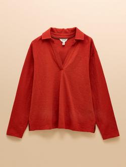 Joules Cotton Slub Collared Top, Red - view 2, Red