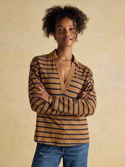 Joules Cotton Slub Stripe Collared Top, Tan/Navy, Tan/Navy