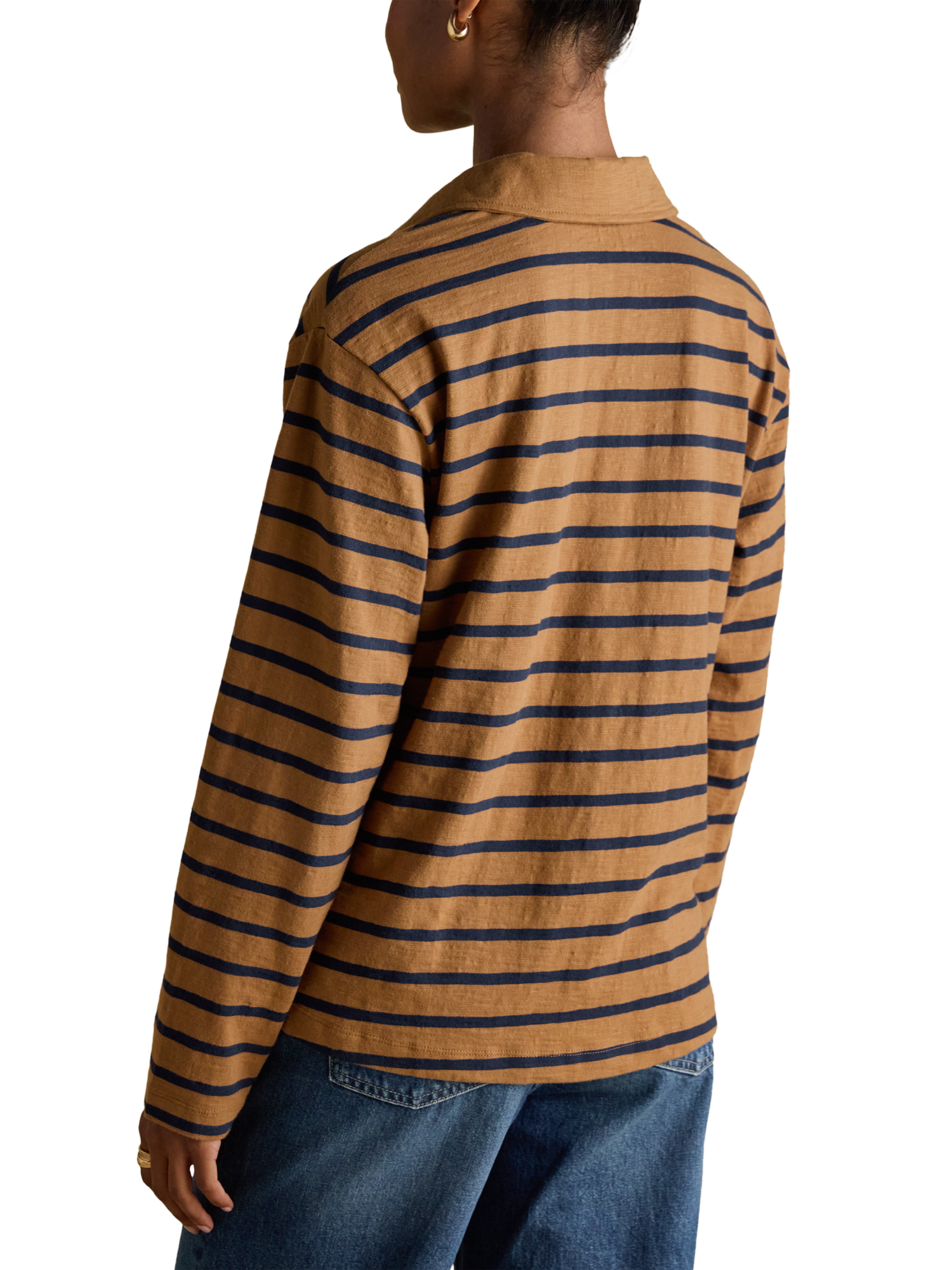 Product image 2 of 8, which shows Joules Cotton Slub Stripe Collared Top, Tan/Navy, 6