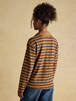 Joules Cotton Slub Stripe Collared Top, Tan/Navy - view 2, Tan/Navy