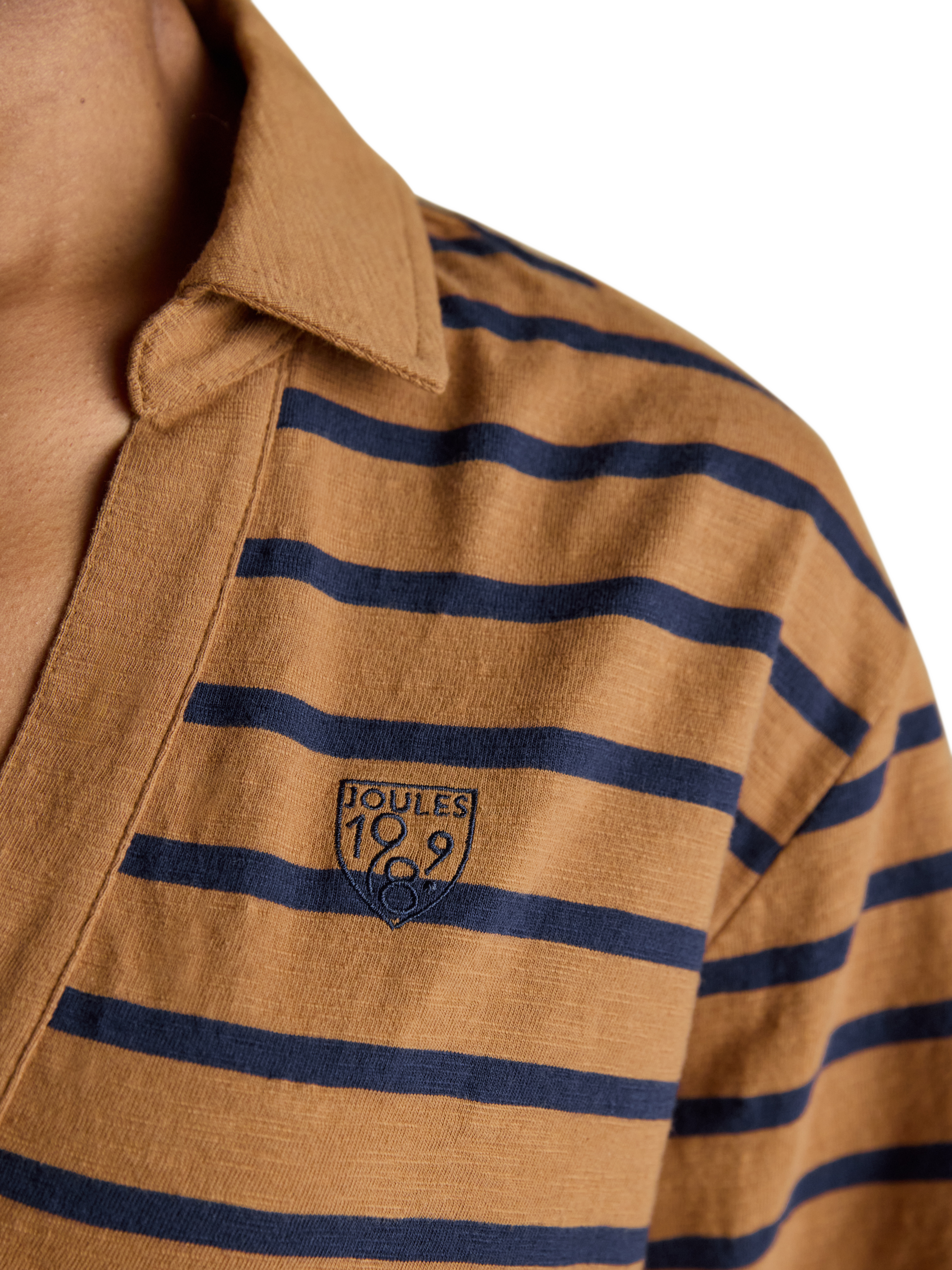 Product image 3 of 8, which shows Joules Cotton Slub Stripe Collared Top, Tan/Navy, 6