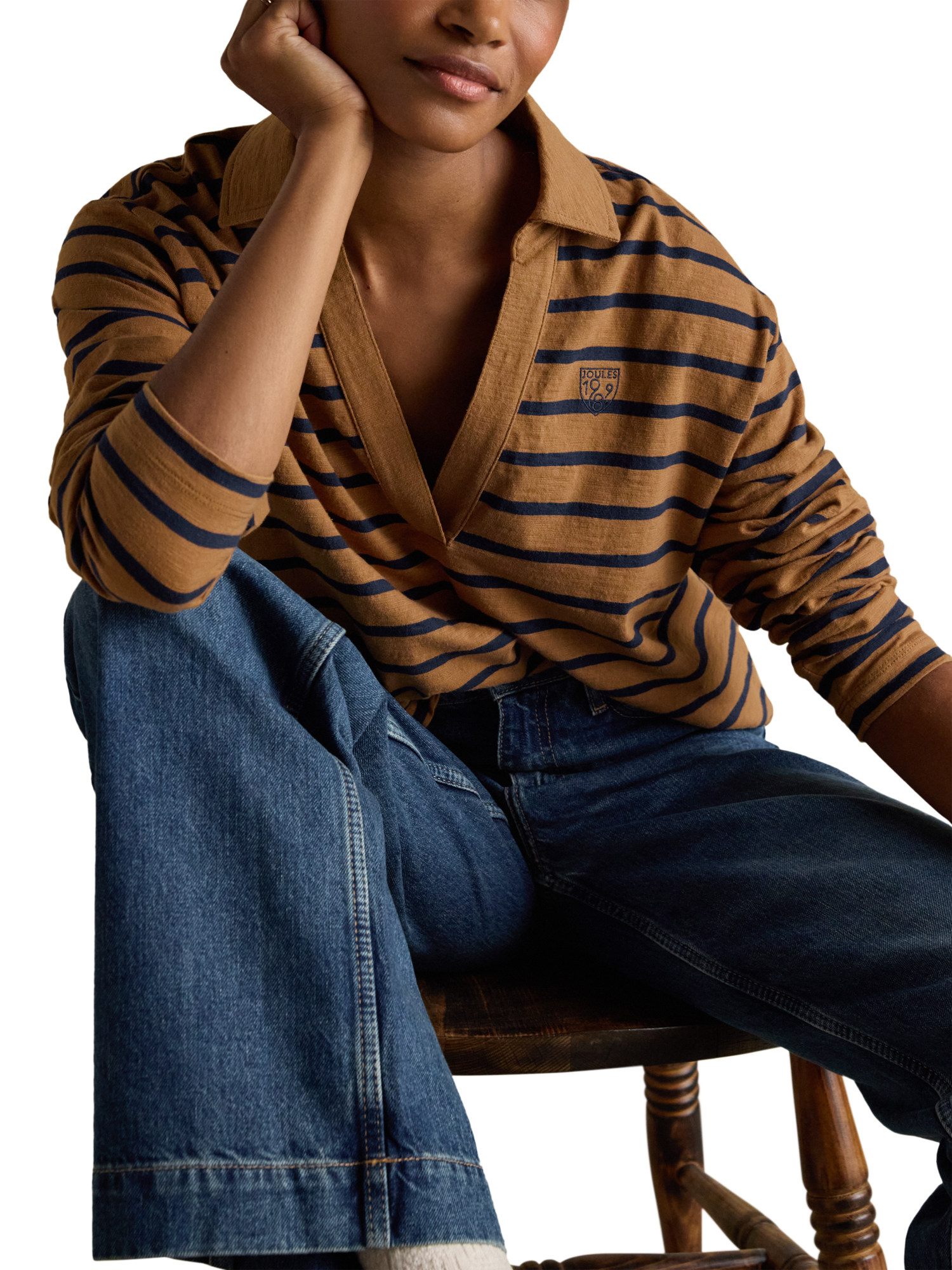 Product image 4 of 8, which shows Joules Cotton Slub Stripe Collared Top, Tan/Navy, 6