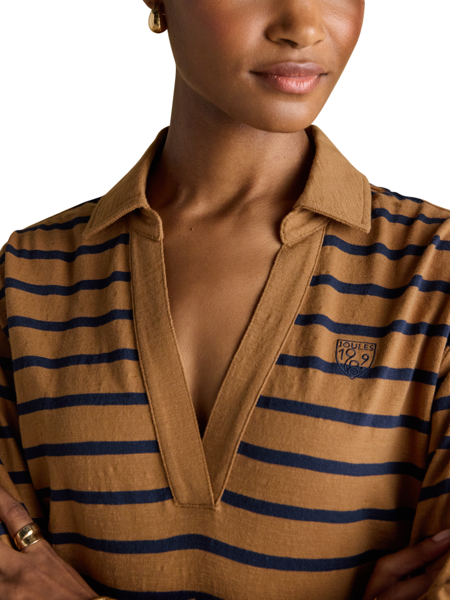 Product image 5 of 8, which shows Joules Cotton Slub Stripe Collared Top, Tan/Navy, 6