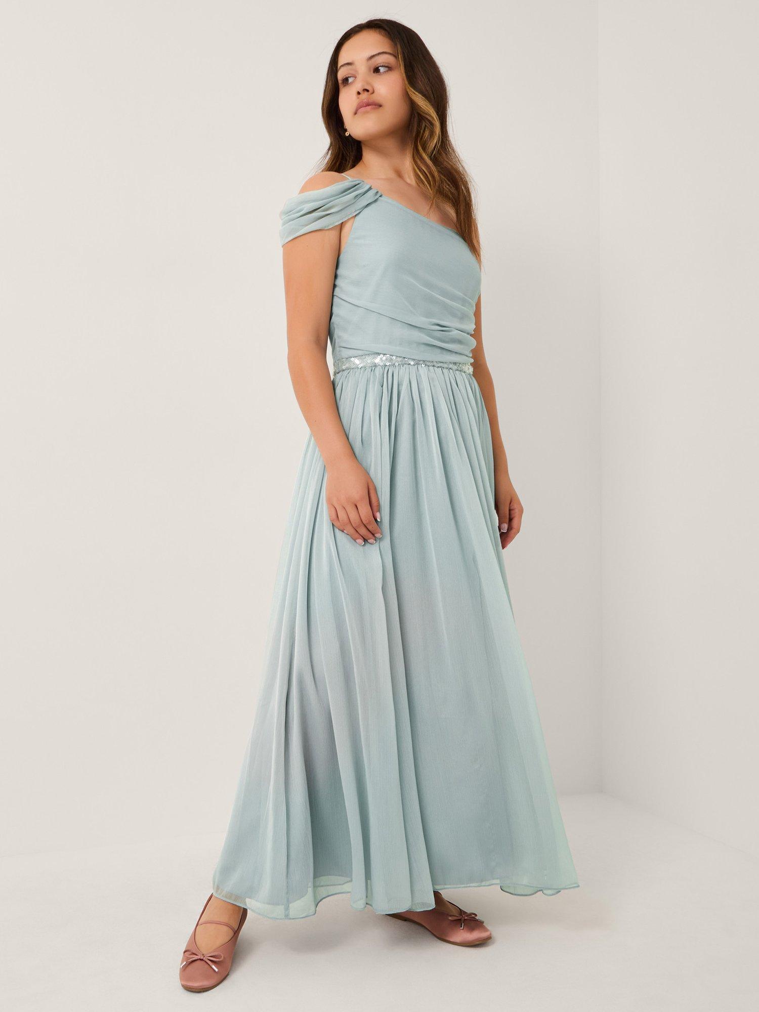 Product image 1 of 4, which shows Monsoon Kids' Sequin One Shoulder Prom Dress, Duck Egg, 8 years
