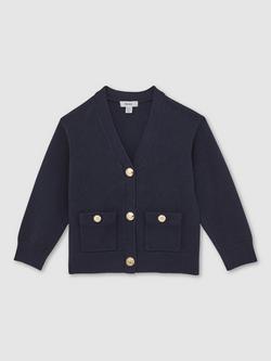 Reiss Kids' Mila Knitted Embossed Button Cardigan, Navy - view 2, Navy