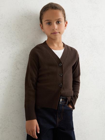 Reiss Kids' Tyla Cashmere Blend Fitted Cardigan, Chocolate