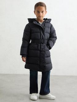 Reiss Kids' Alys Longline Hooded Puffer Coat, Navy, Navy