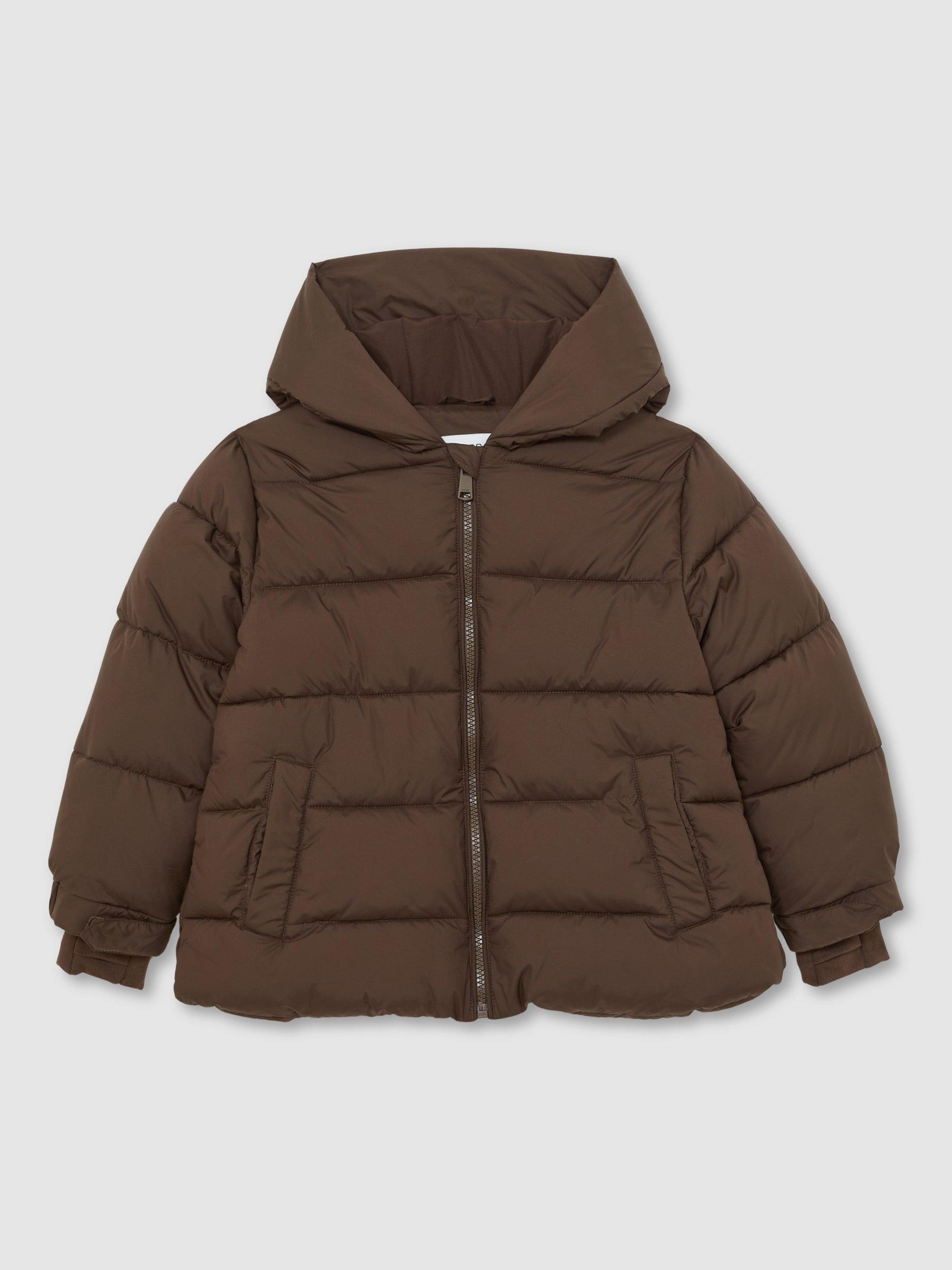 Reiss Kids' Lumi Short Hooded Puffer Coat, Chocolate