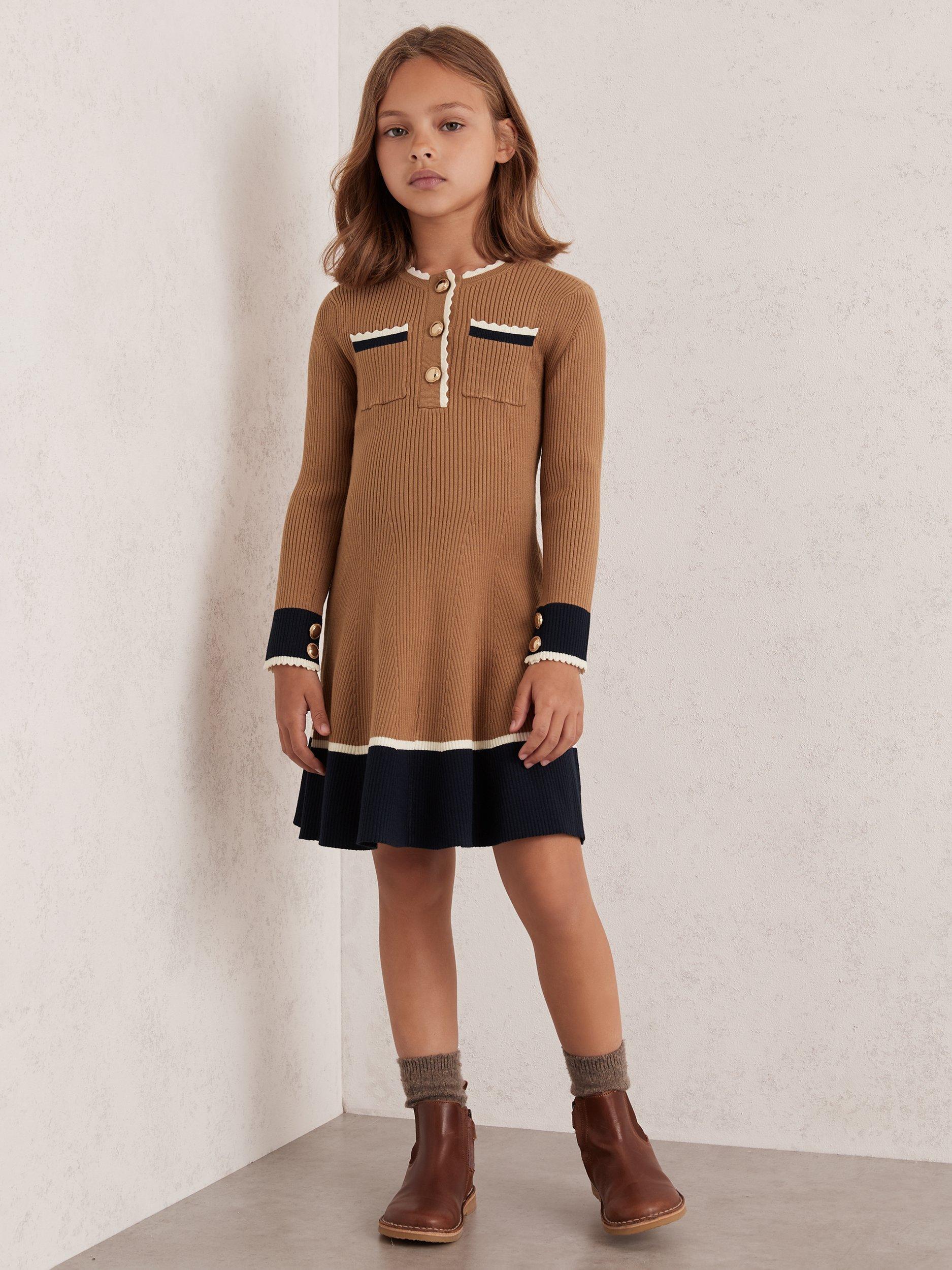 Reiss Kids' Willa Scallop Trim Rib Knit Dress, Camel