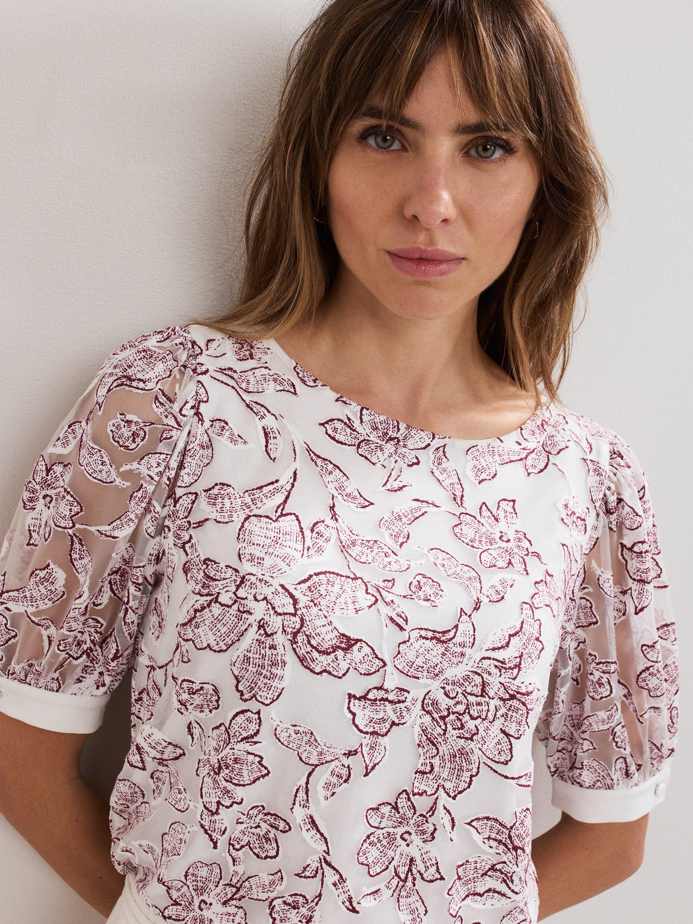 Product image 1 of 6, which shows Phase Eight Kelly Burnout Floral Top, Ivory, 8