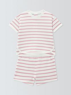 John Lewis Baby Stripe Loopback Cotton T-Shirt & Shorts Set, Pink, Pink