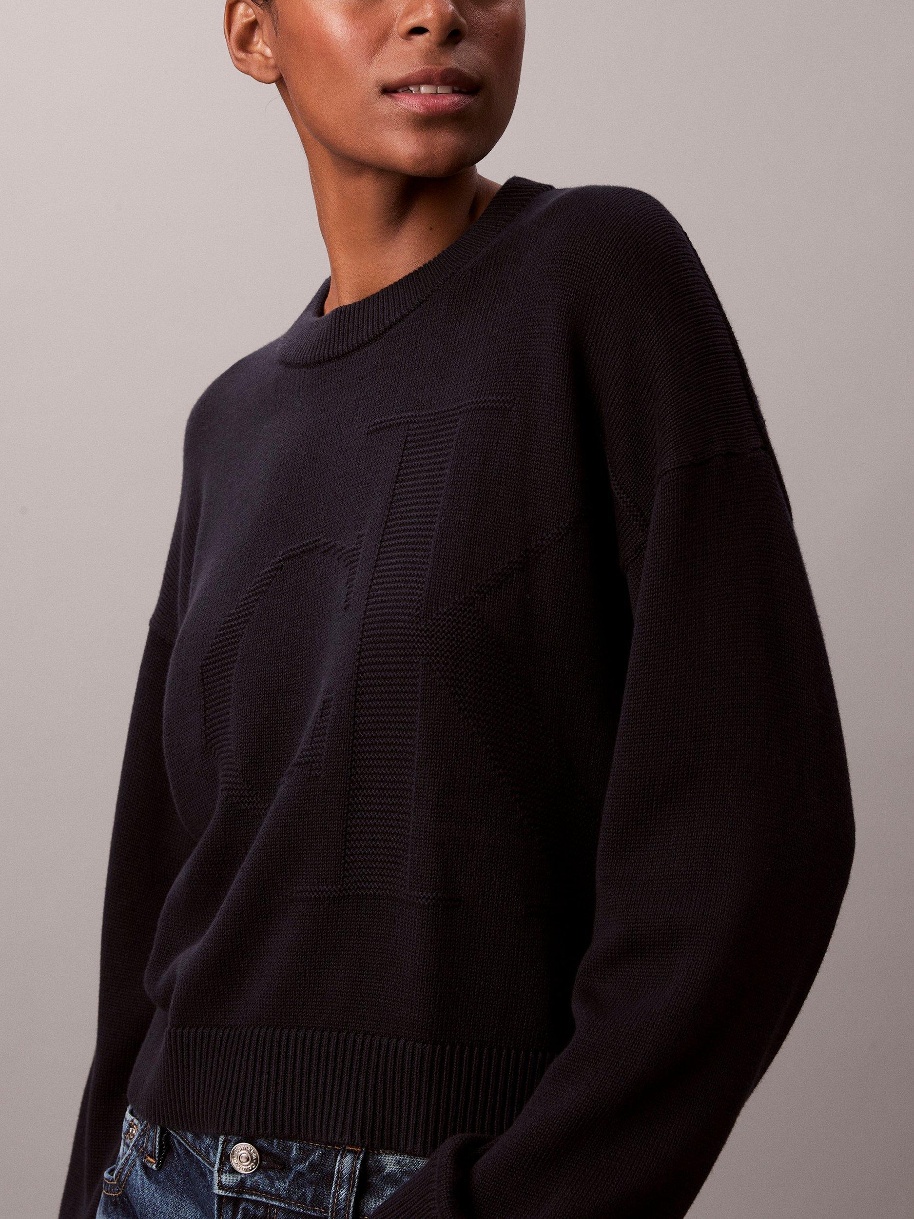 Product image 3 of 3, which shows Calvin Klein Essential Cropped Long Sleeve Top, Dark Sapphire, XXS