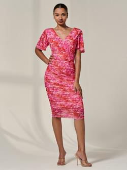 Jolie Moi Floral Mesh Bodycon Dress, Pink Abstract, Pink Abstract