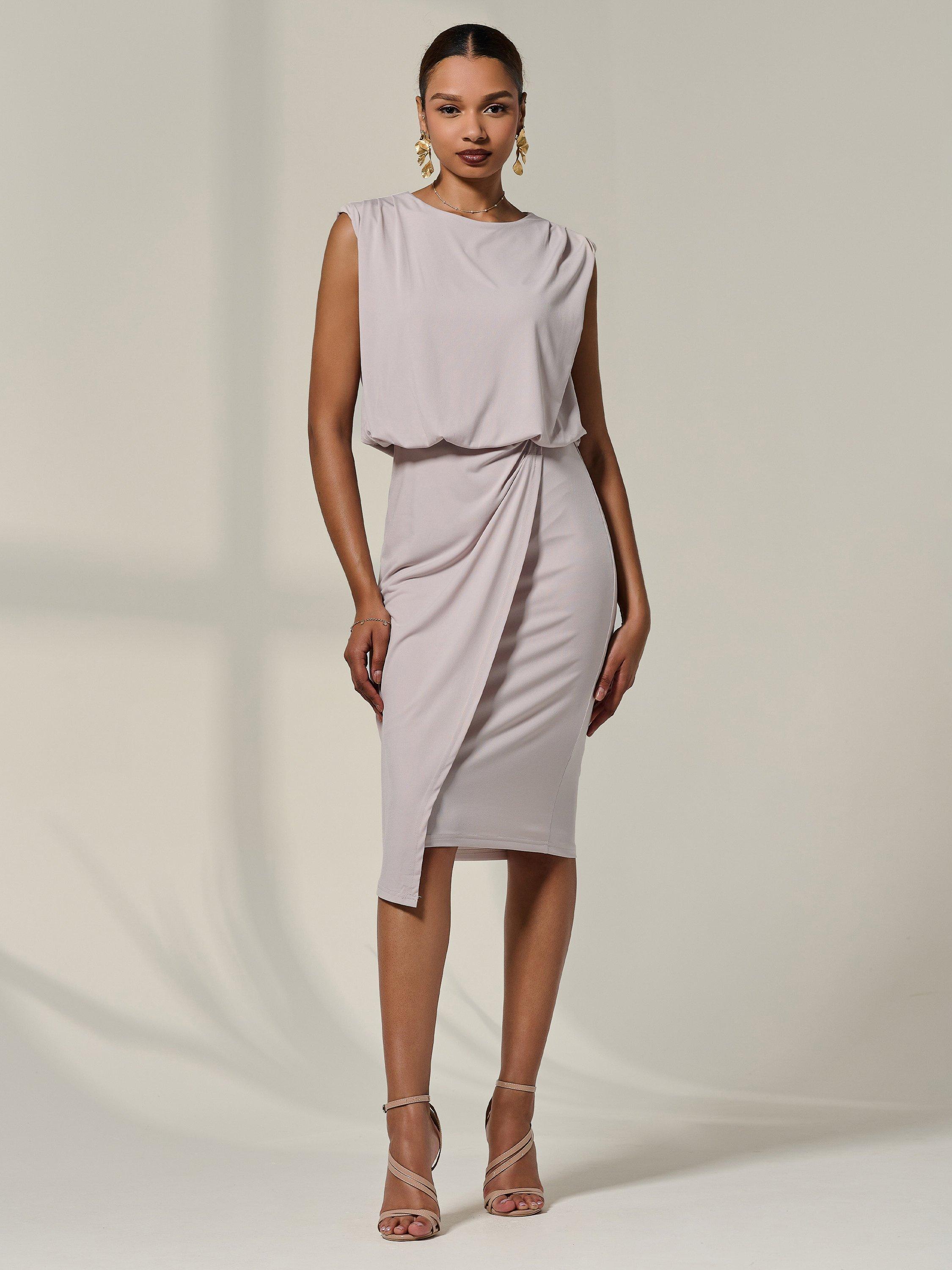 Product image 3 of 7, which shows Jolie Moi Jersey Draped Midi Dress, Stone, 8