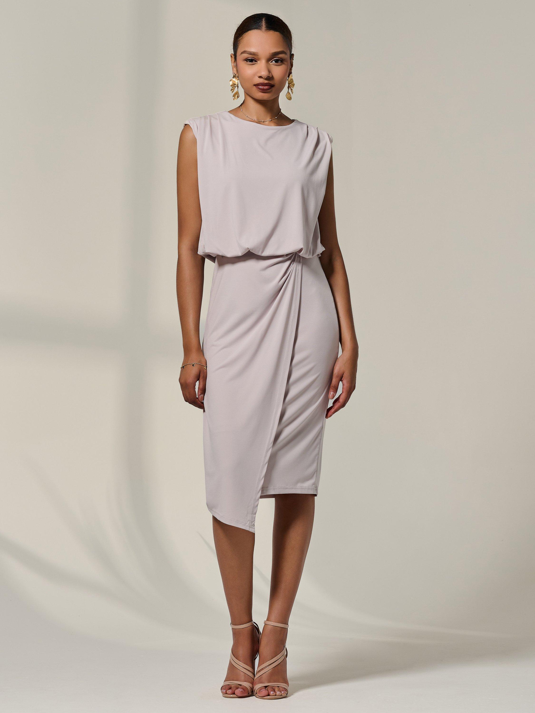 Product image 5 of 7, which shows Jolie Moi Jersey Draped Midi Dress, Stone, 8