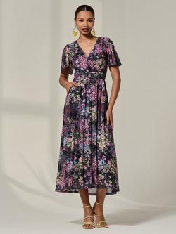 Jolie Moi Angel Mesh V-Neck Midaxi Dress, Floral Multi