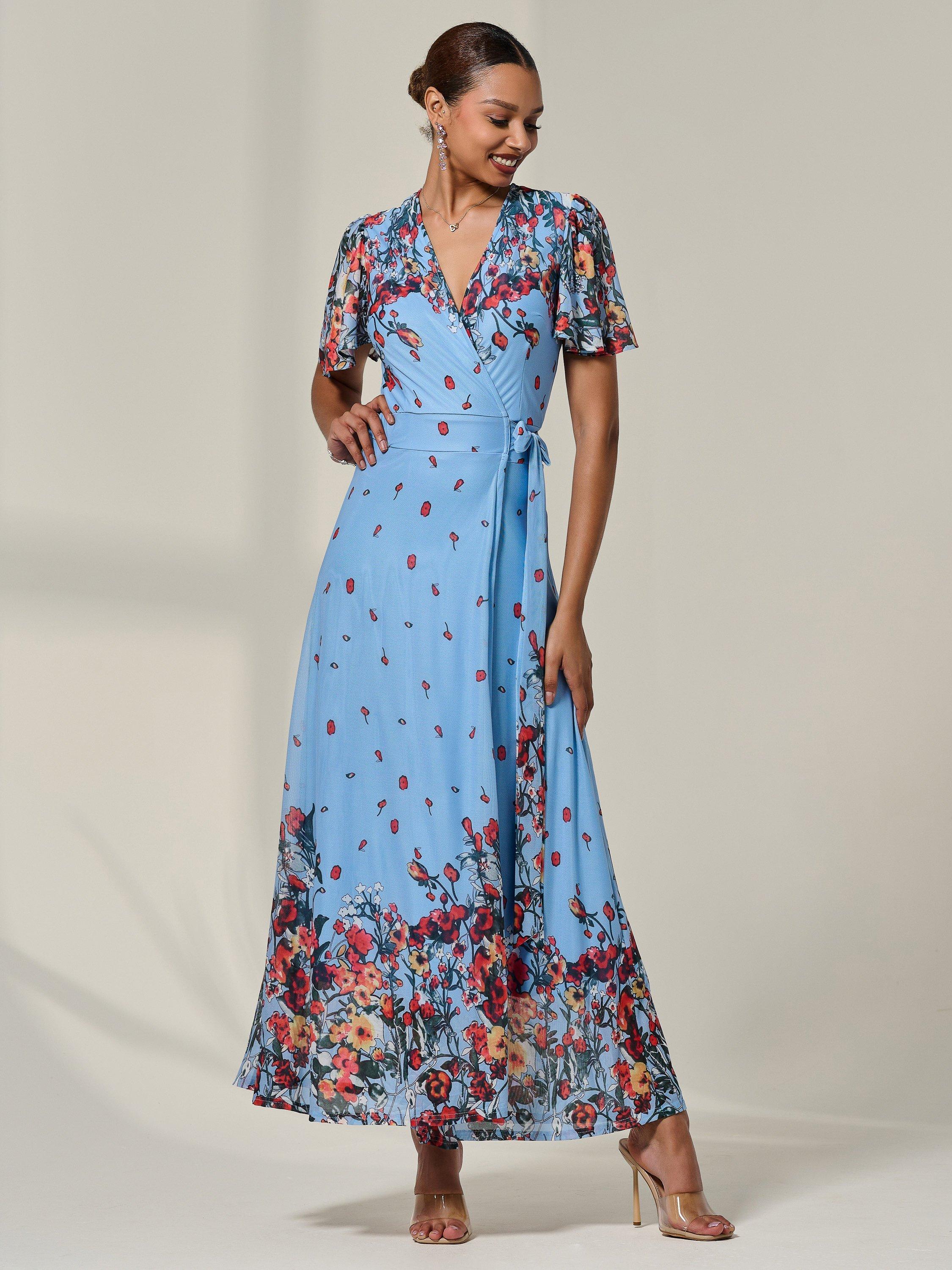 Product image 1 of 7, which shows Jolie Moi Mirror Wrap Maxi Dress , Blue Floral, 8