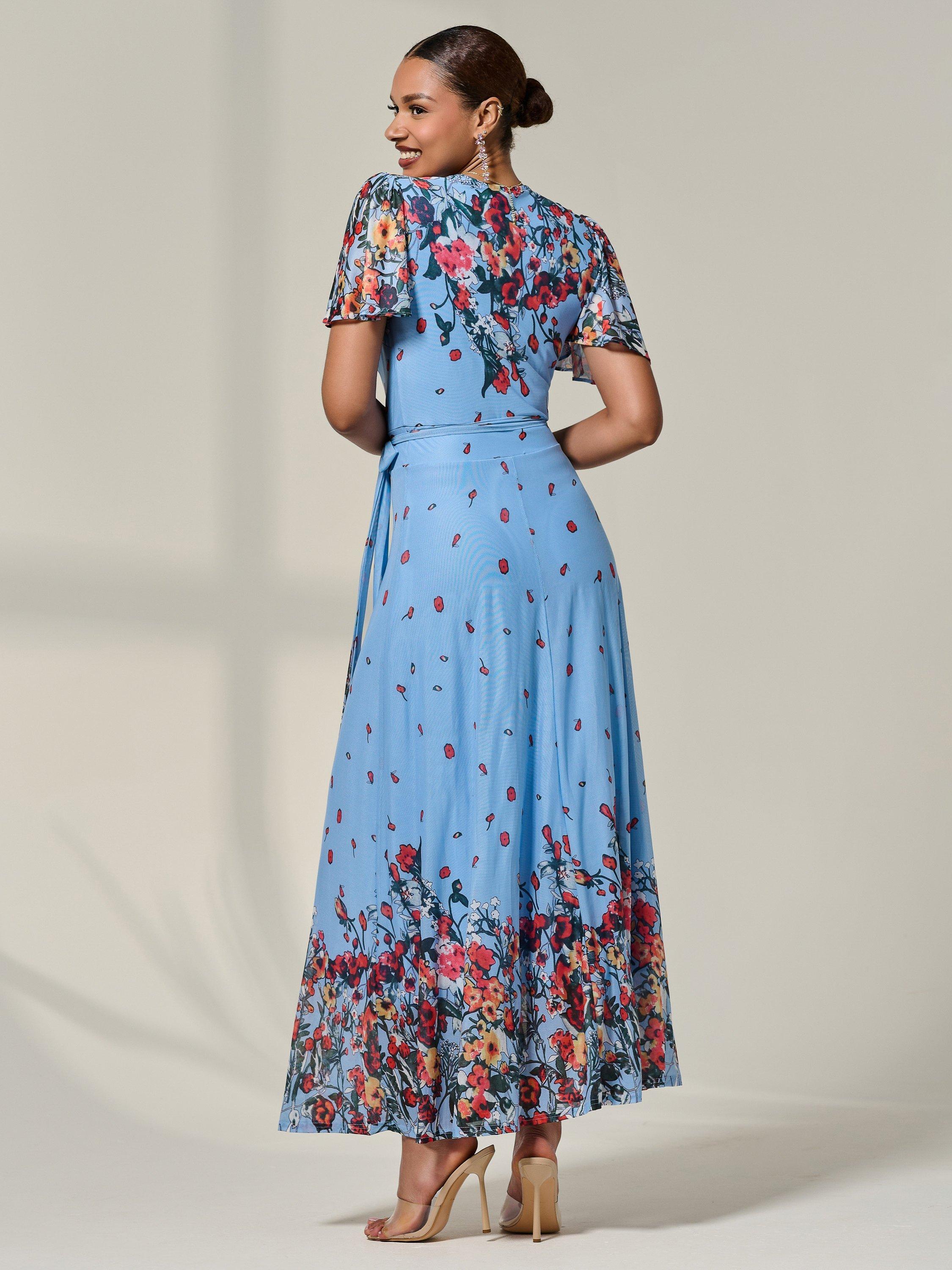 Product image 2 of 7, which shows Jolie Moi Mirror Wrap Maxi Dress , Blue Floral, 8