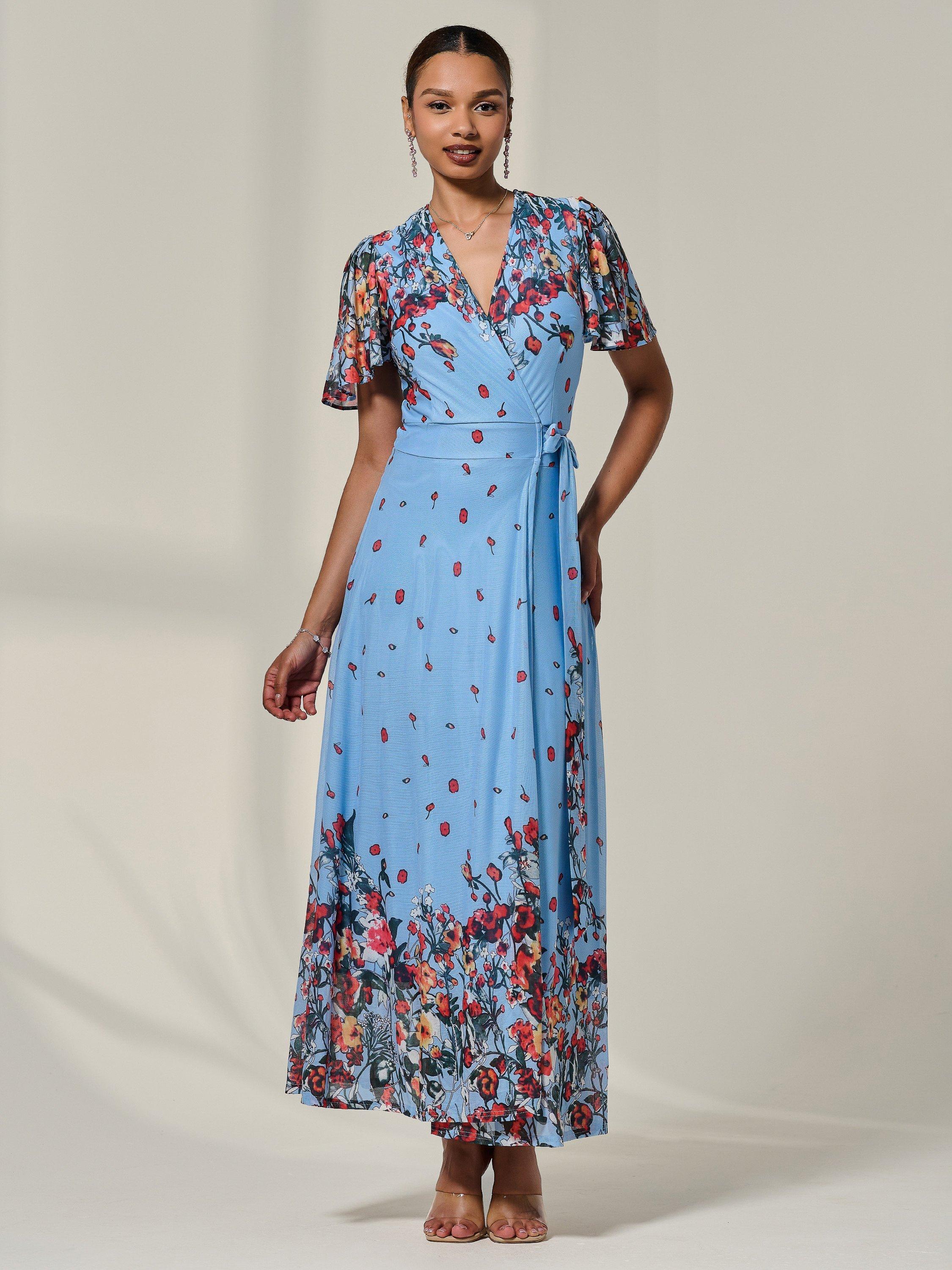 Product image 3 of 7, which shows Jolie Moi Mirror Wrap Maxi Dress , Blue Floral, 8