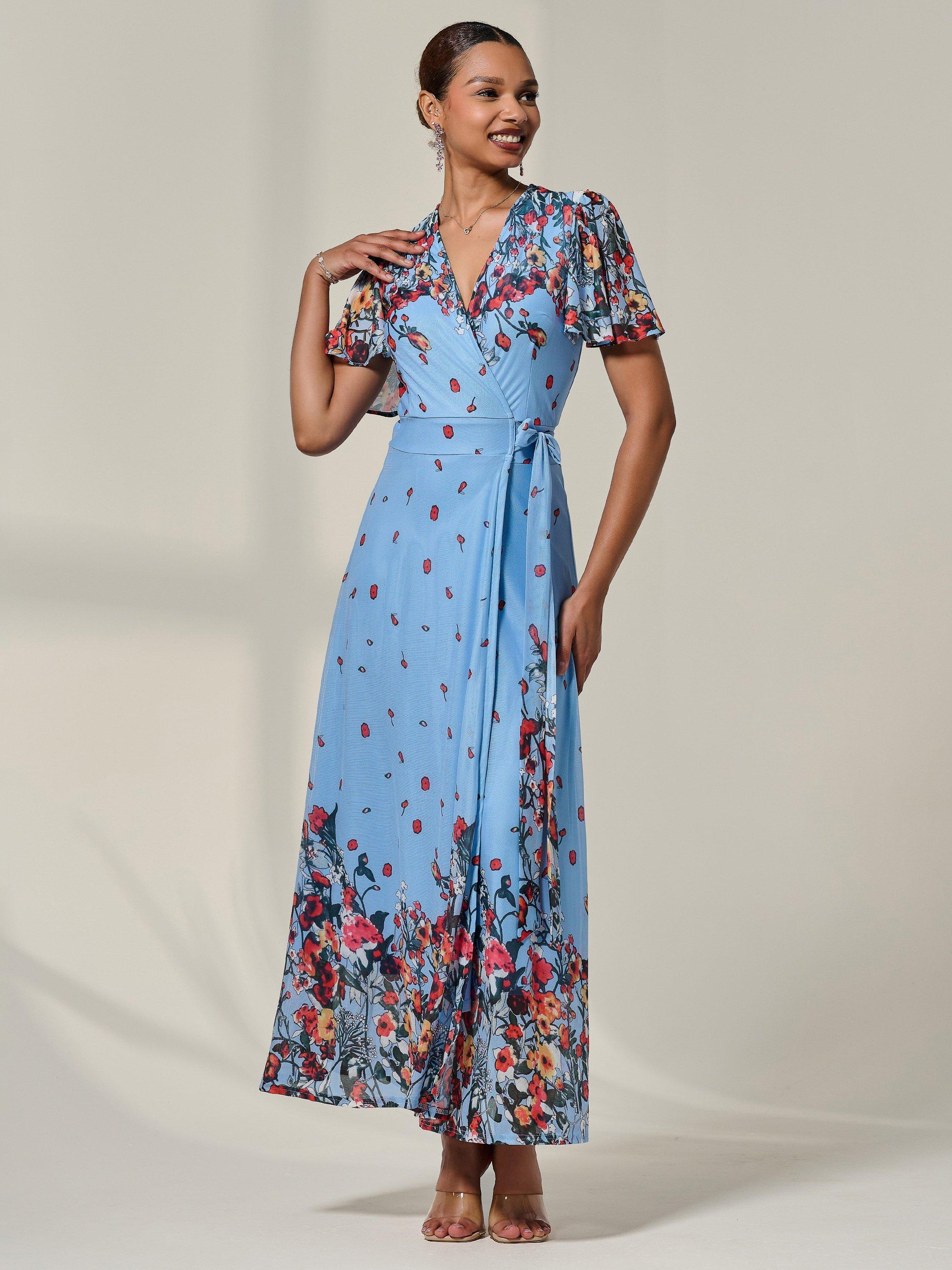 Product image 5 of 7, which shows Jolie Moi Mirror Wrap Maxi Dress , Blue Floral, 8