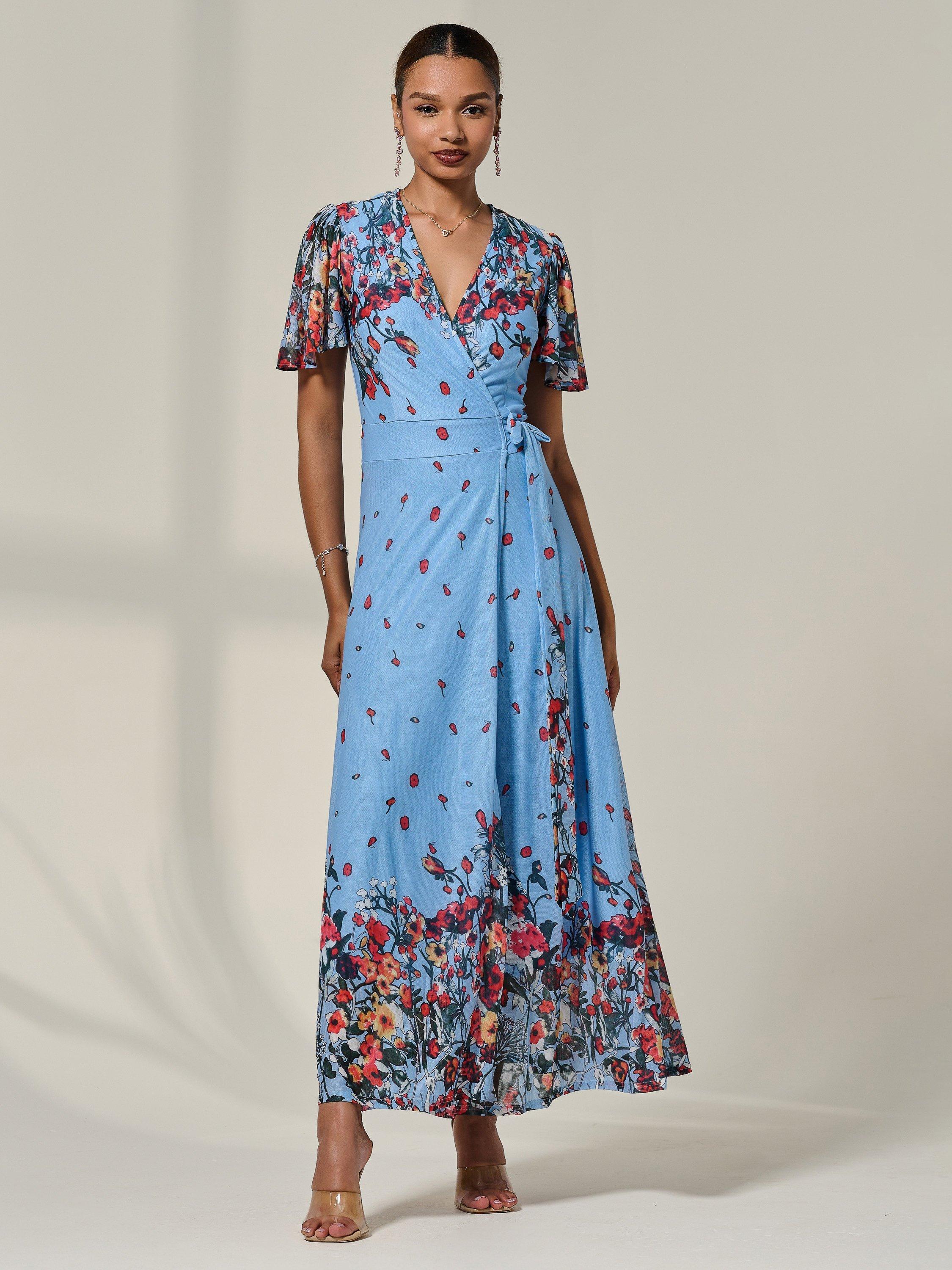 Product image 7 of 7, which shows Jolie Moi Mirror Wrap Maxi Dress , Blue Floral, 8