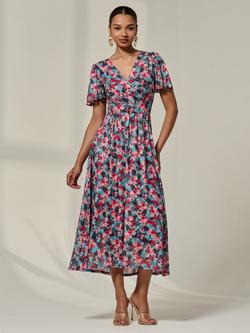 Jolie Moi Pleated Wrap Front Midi Dress, Teal Multi