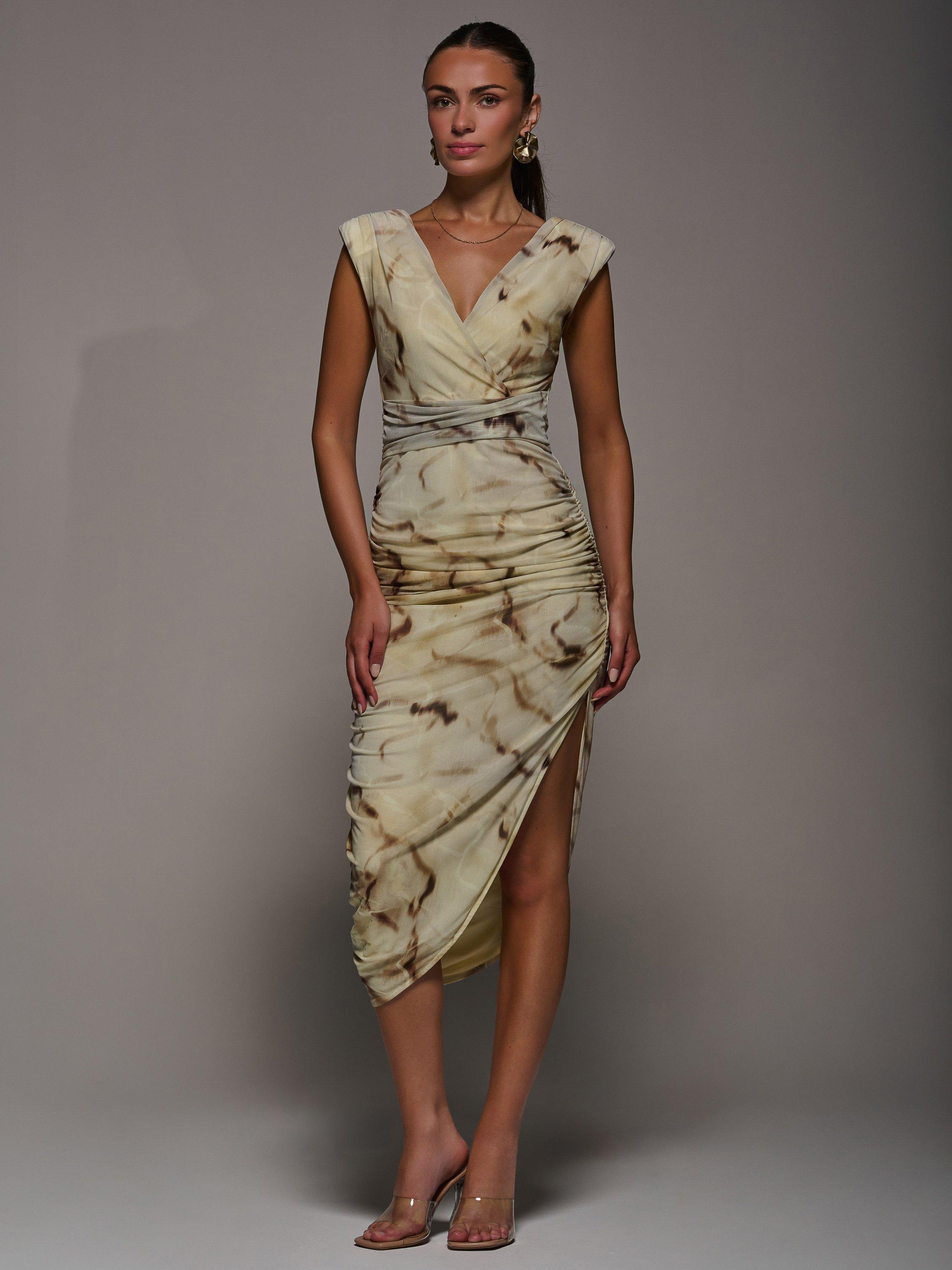 Product image 1 of 7, which shows Jolie Moi Ruched Bodycon Dress , Khaki Abstract, 8