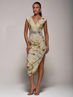 Jolie Moi Ruched Bodycon Dress, Khaki Abstract