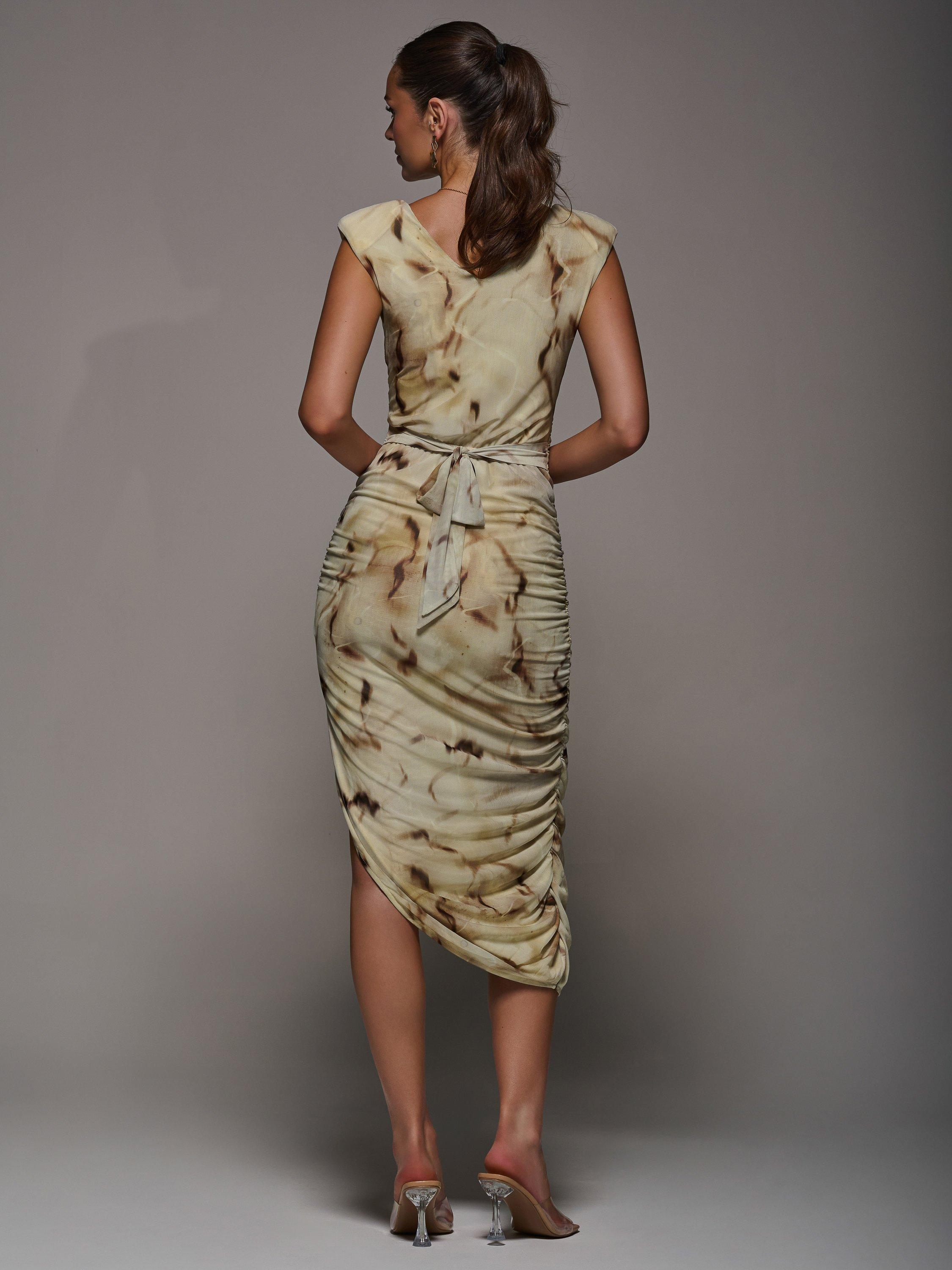 Product image 2 of 7, which shows Jolie Moi Ruched Bodycon Dress , Khaki Abstract, 8