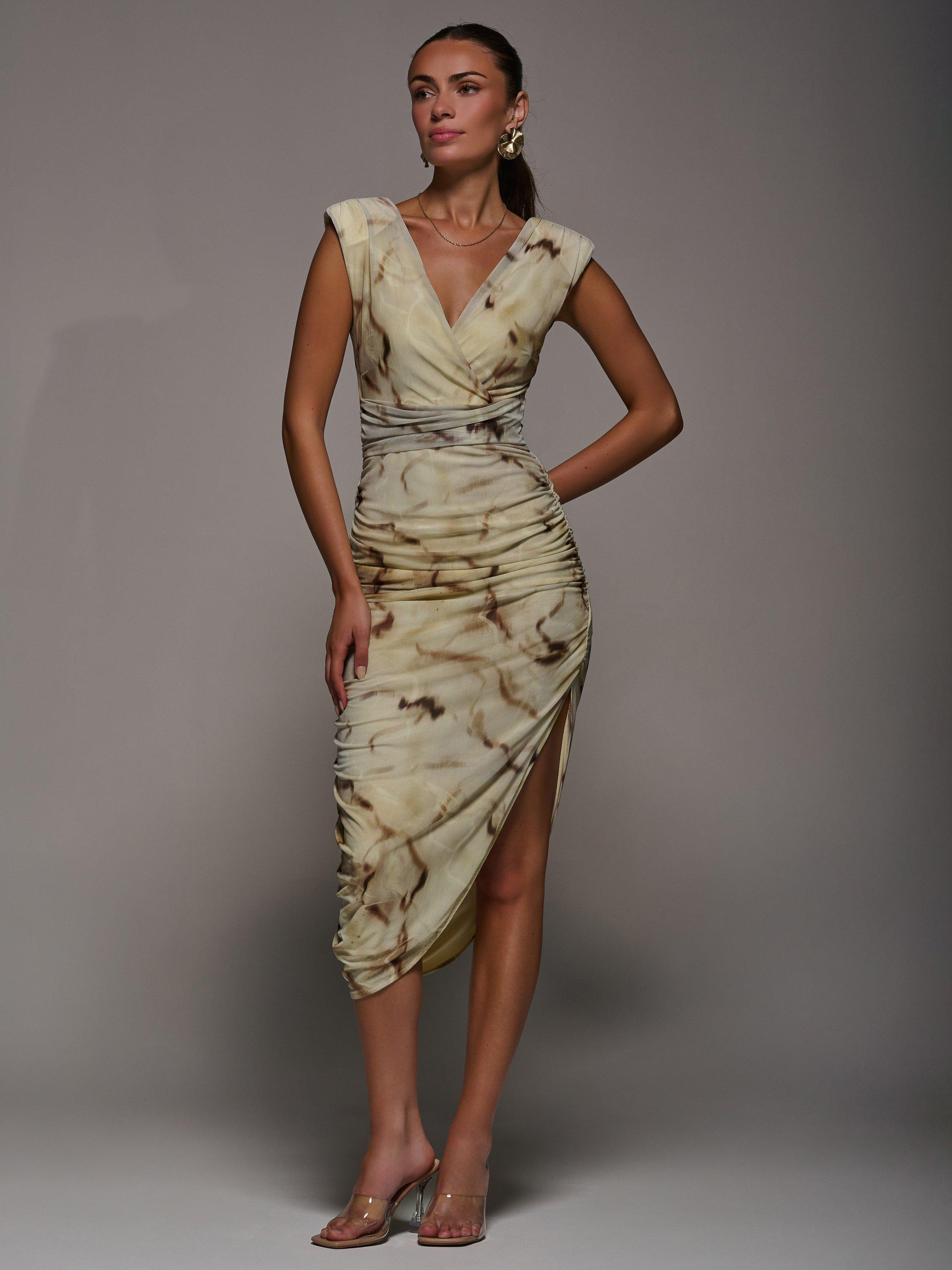 Product image 5 of 7, which shows Jolie Moi Ruched Bodycon Dress , Khaki Abstract, 8